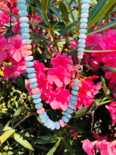 Diamond with Larimar Beaded Pink Opal Necklace in 14K Yellow Gold