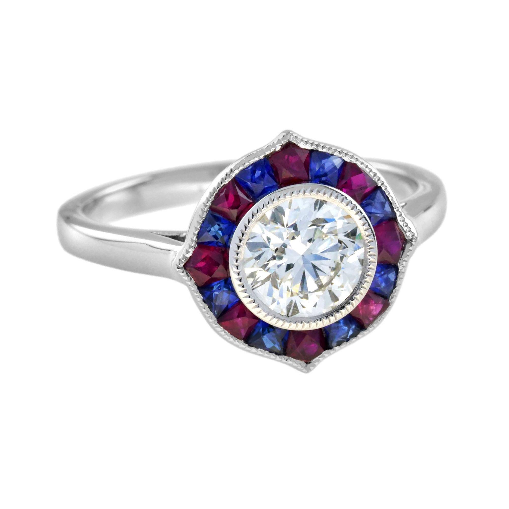 GIA Diamond with Ruby and Sapphire Art Deco Style Engagement Ring in Platinum For Sale 2
