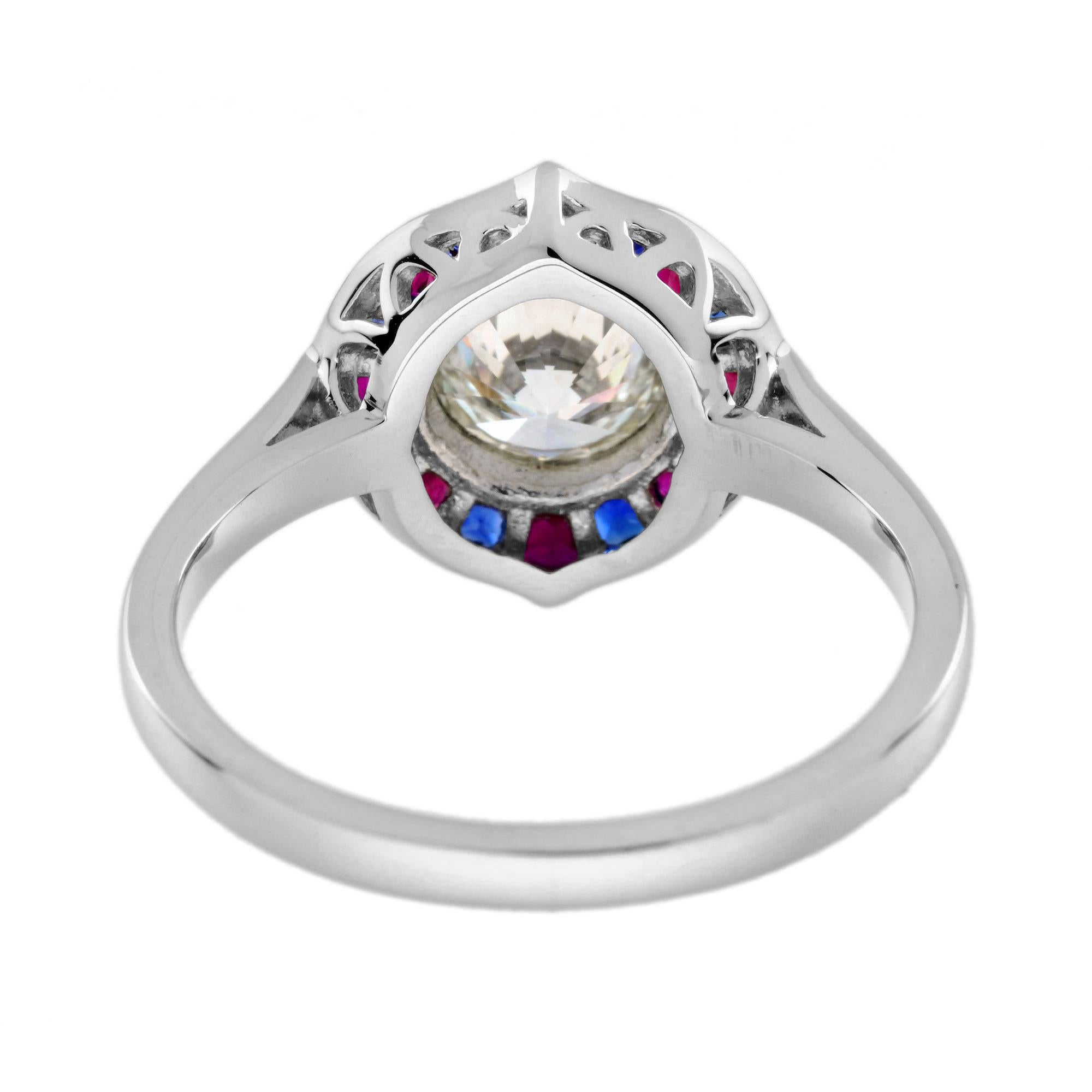 GIA Diamond with Ruby and Sapphire Art Deco Style Engagement Ring in Platinum For Sale 4
