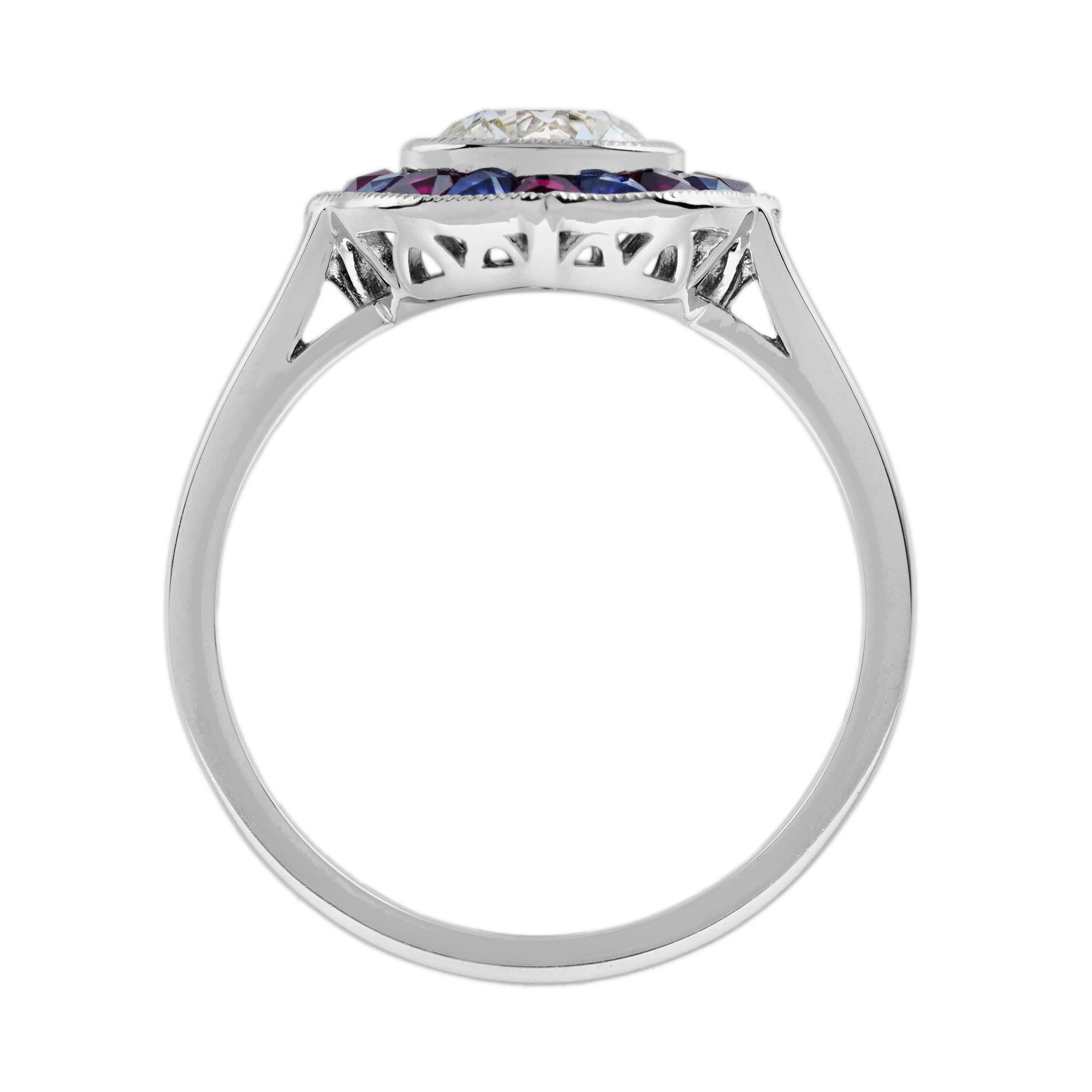 GIA Diamond with Ruby and Sapphire Art Deco Style Engagement Ring in Platinum For Sale 5