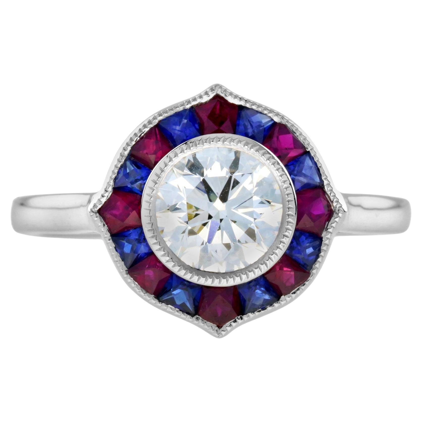 GIA Diamond with Ruby and Sapphire Art Deco Style Engagement Ring in Platinum For Sale