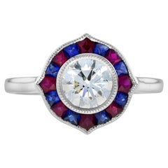 Diamond with Ruby and Sapphire Art Deco Style Engagement Ring in Platinum950