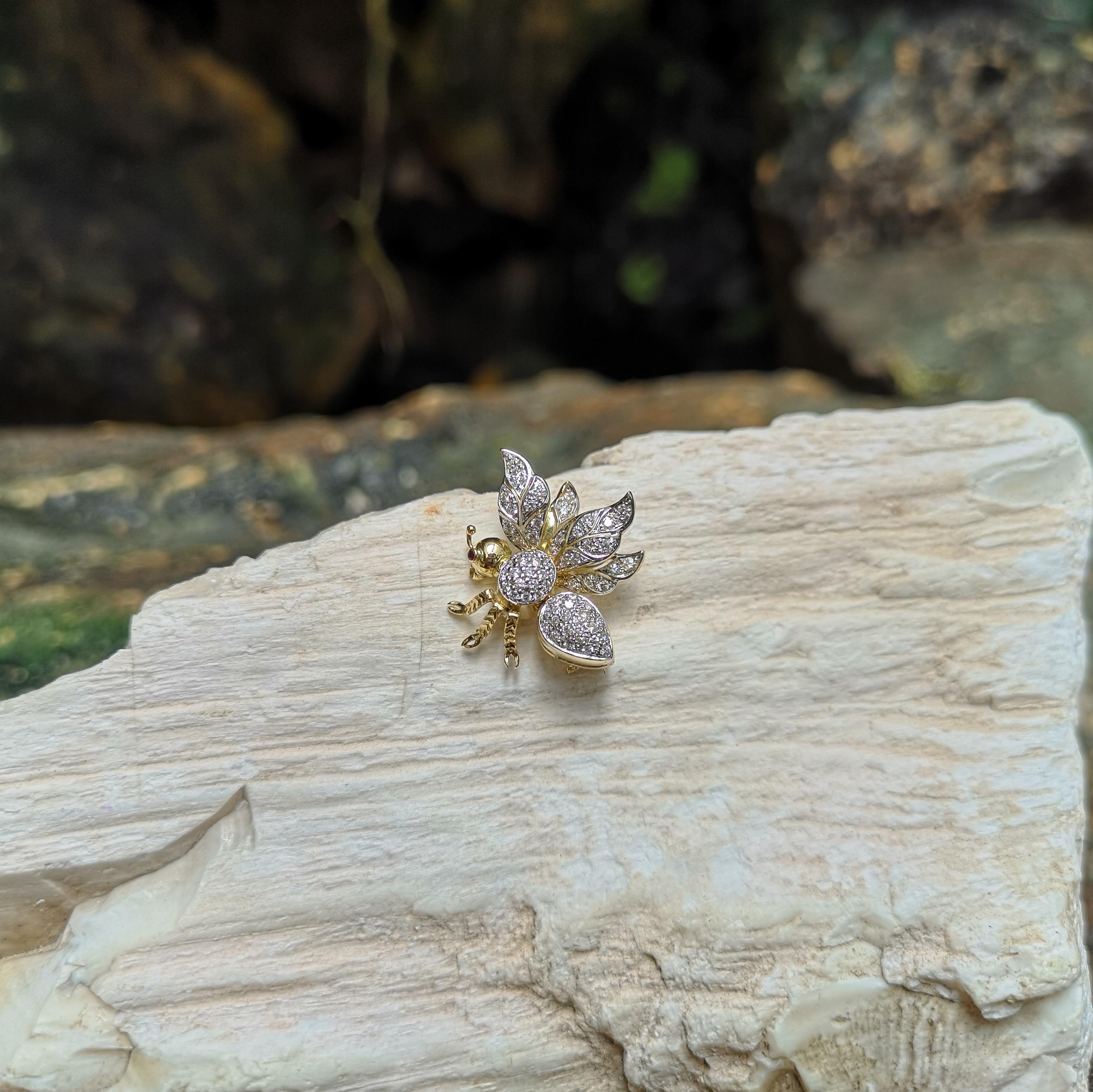 Mixed Cut Diamond with Ruby Bee Brooch Set in 18 Karat Gold Settings For Sale