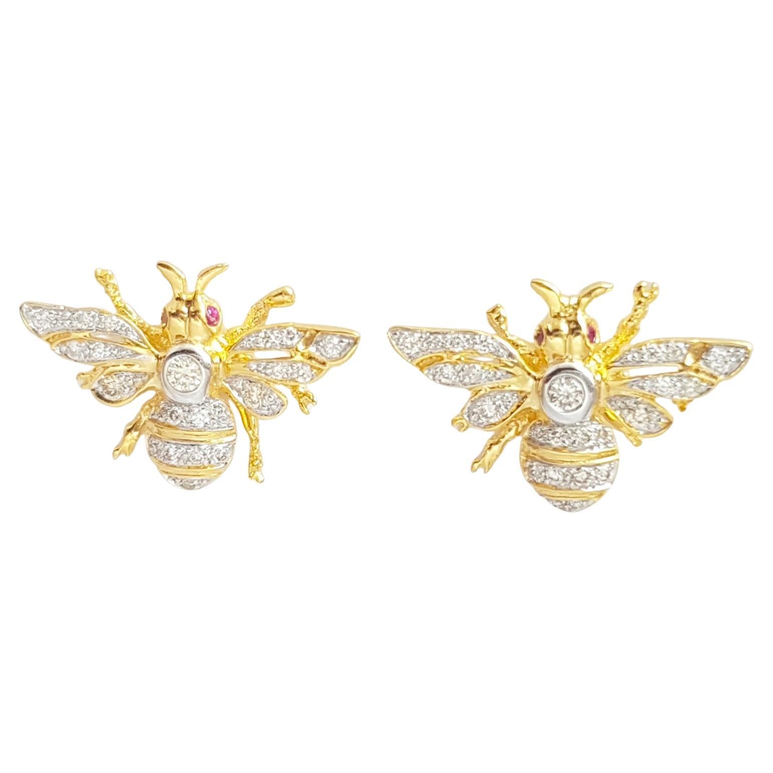 Diamond with Ruby Bee Earrings set in 18K Gold Settings