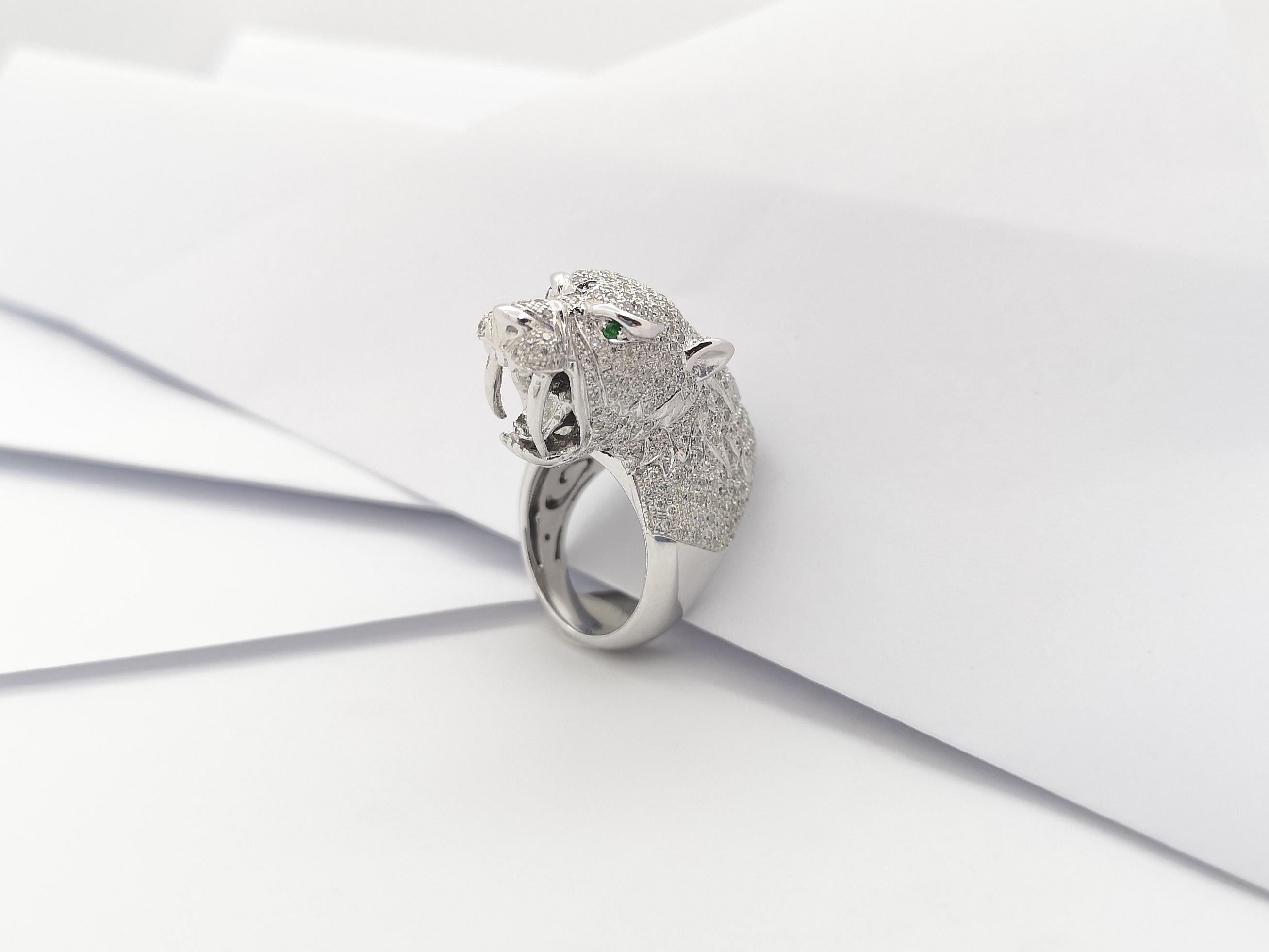 Diamond with Tsavorite Panther Ring set in 18K White Gold Setting For Sale 7