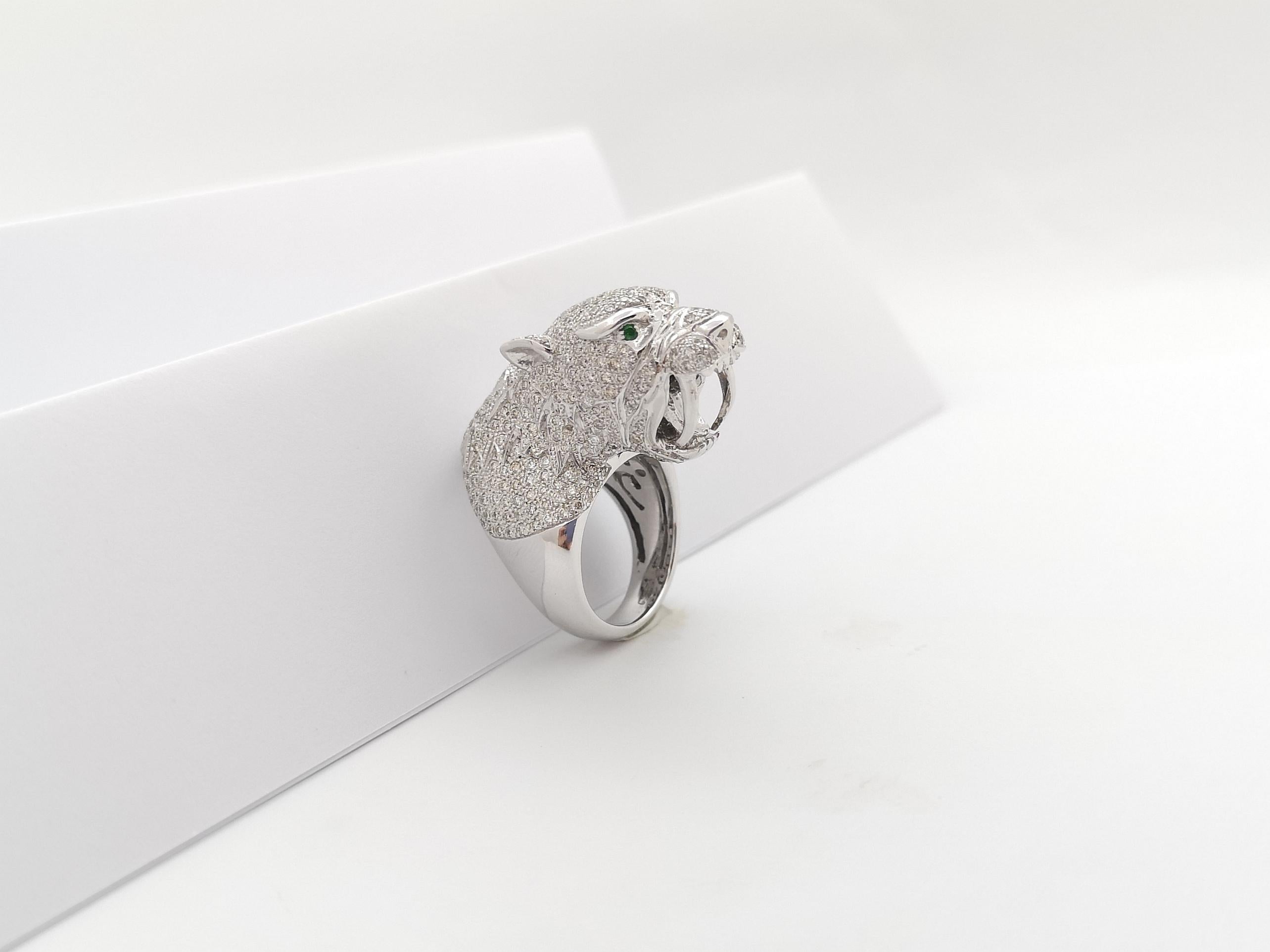 Diamond with Tsavorite Panther Ring set in 18K White Gold Setting For Sale 12
