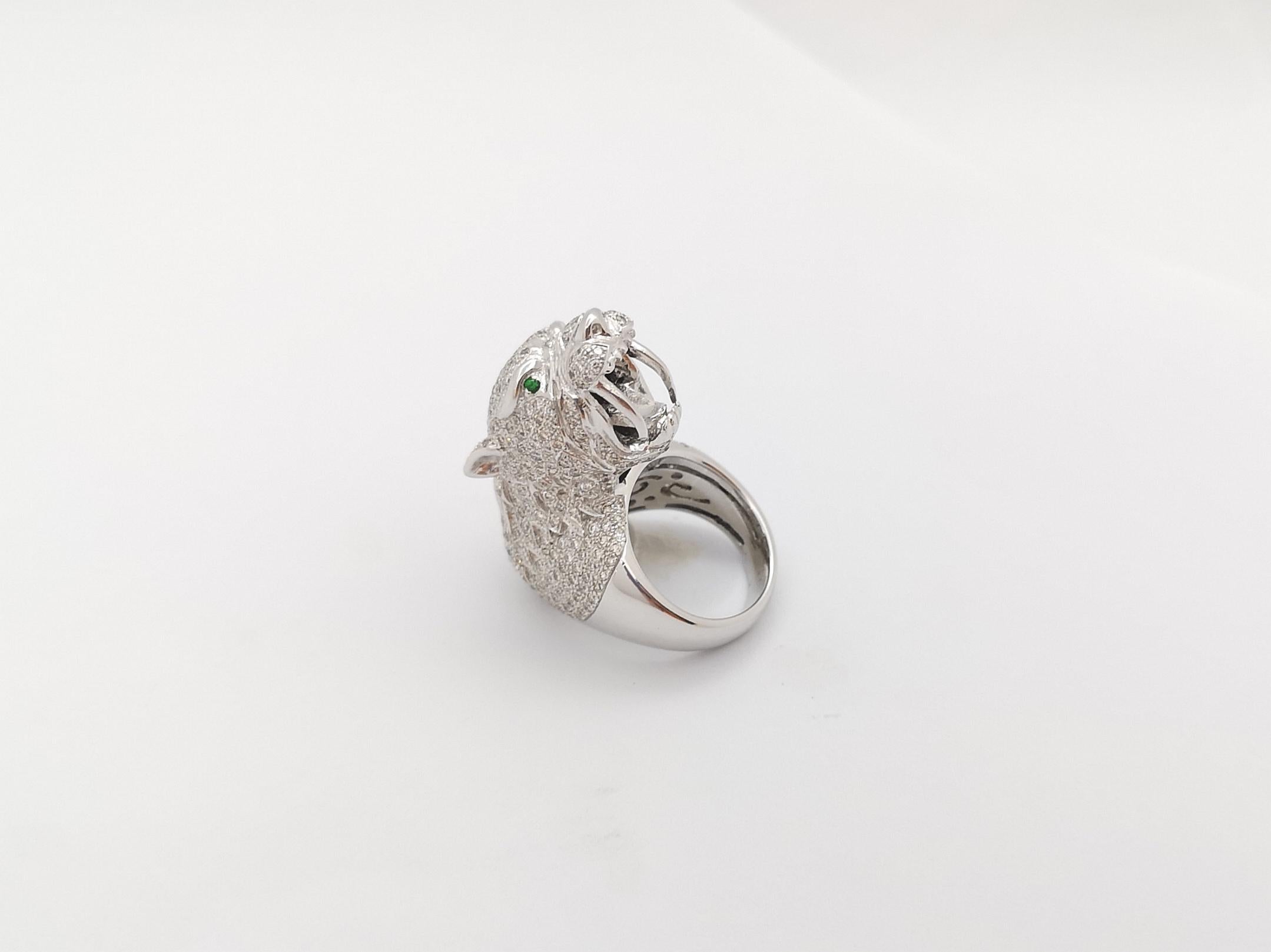 Diamond with Tsavorite Panther Ring set in 18K White Gold Setting For Sale 2