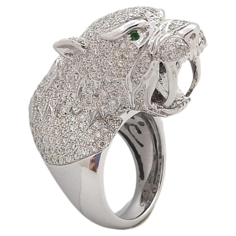 Diamond with Tsavorite Panther Ring set in 18K White Gold Setting For Sale