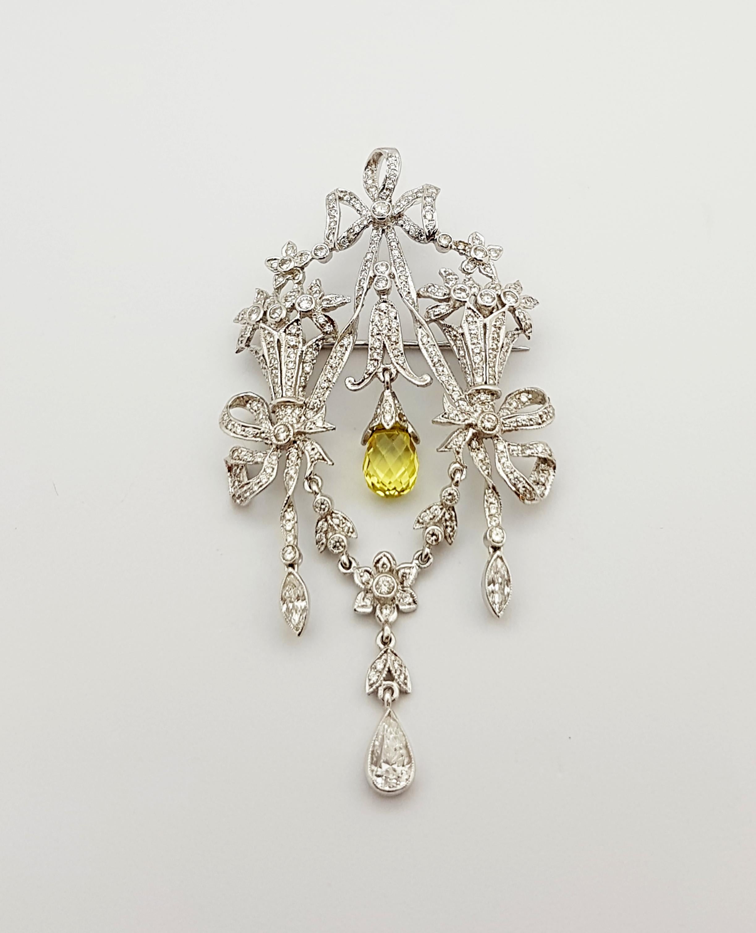 Art Deco Diamond with Yellow Sapphire Brooch/Pendant Set in 18 Karat White Gold Settings For Sale