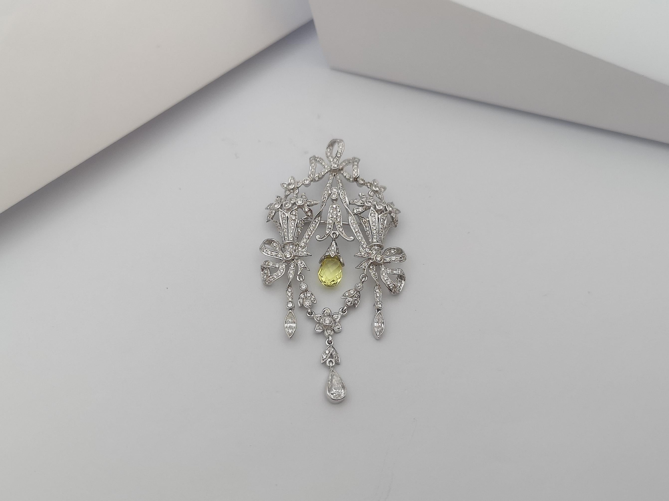 Mixed Cut Diamond with Yellow Sapphire Brooch/Pendant Set in 18 Karat White Gold Settings For Sale