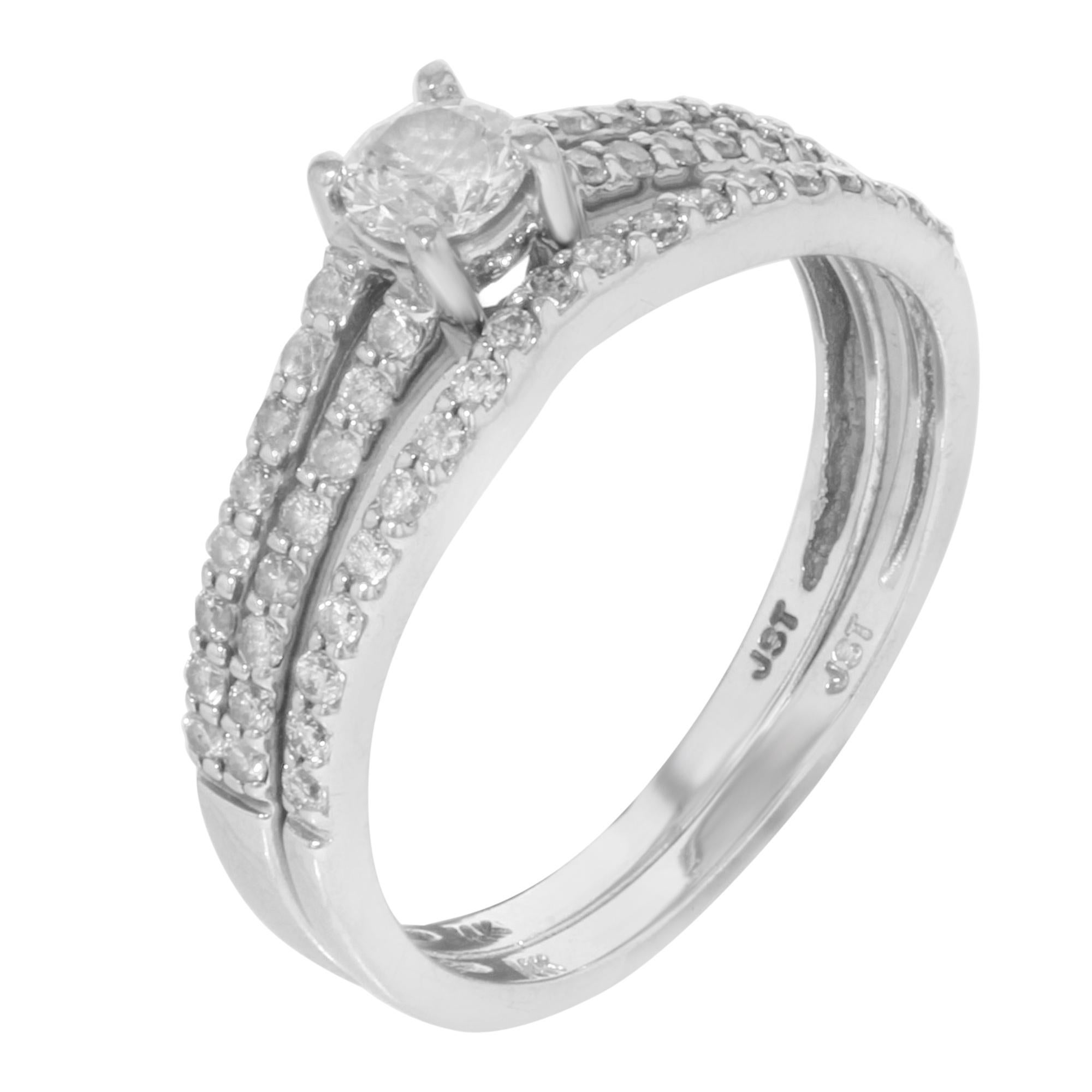 Modern Diamond Womens Engagement Ring Band Set 14K White Gold 0.65 Cttw For Sale