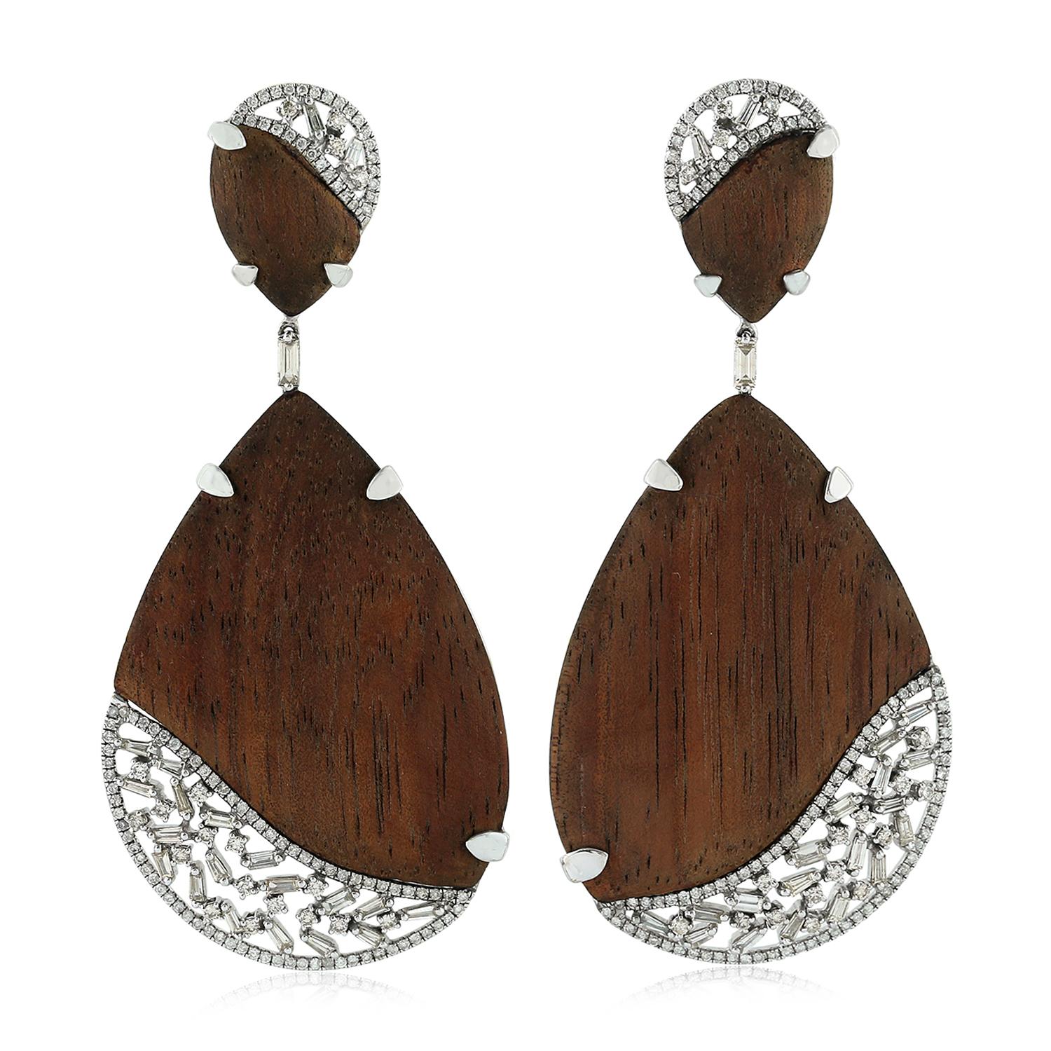 Baguette Cut Diamond Wood 18 Karat Gold Earrings For Sale