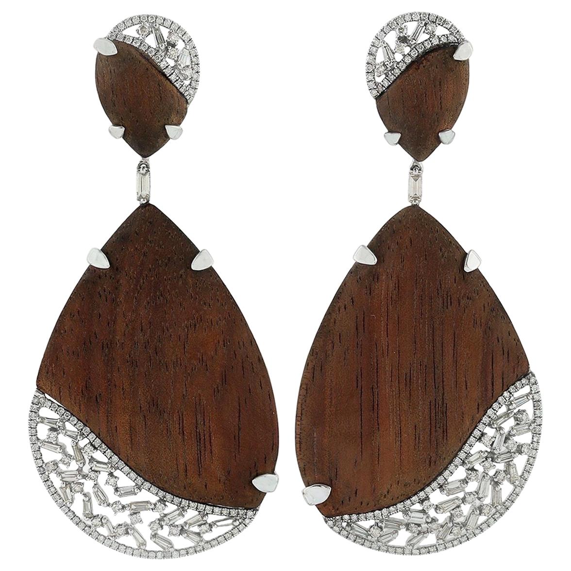 Diamond Wood 18 Karat Gold Earrings For Sale