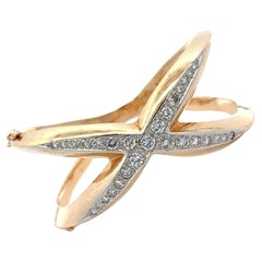 Diamond 'X' 14 Karat Yellow Gold Modern Bangle Bracelet