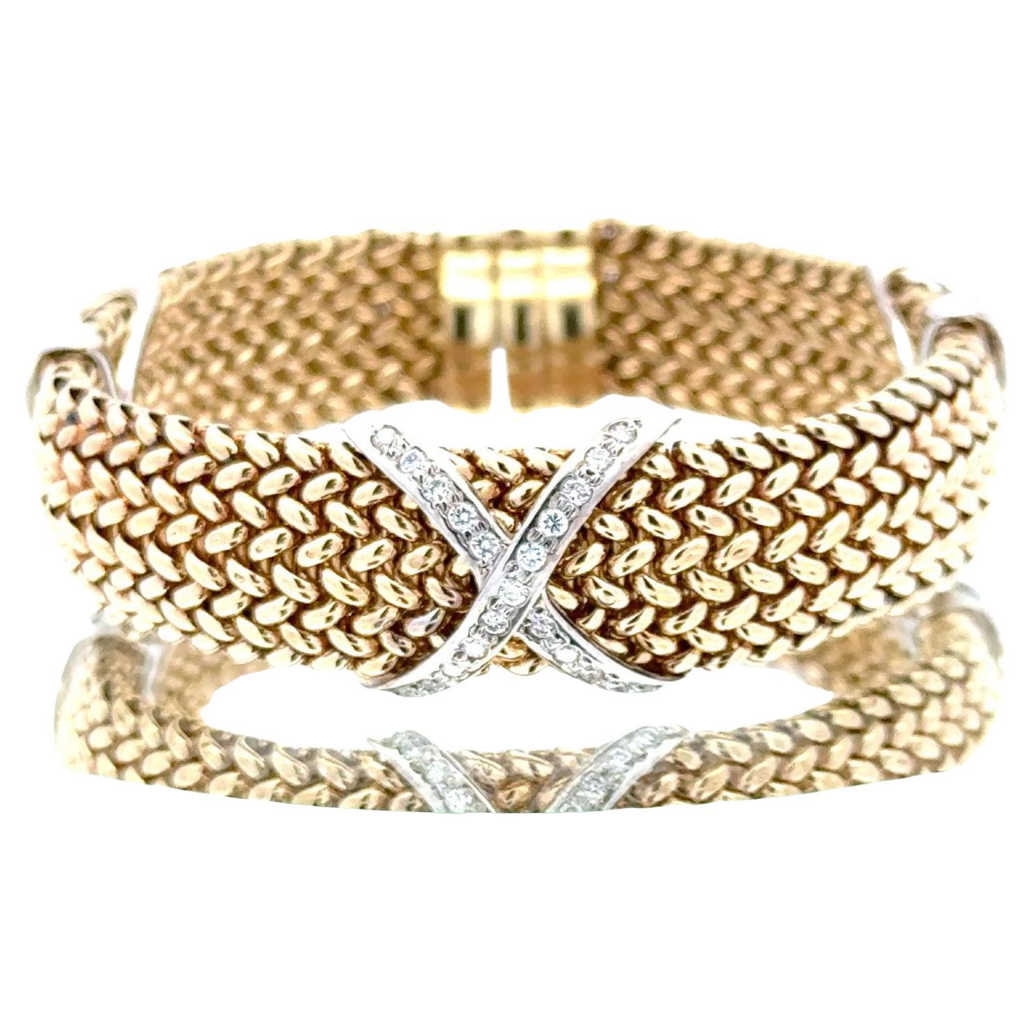 Diamond 
X
 18 Karat Two Tone Gold Mesh Vintage Bracelet