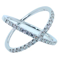 Diamond X Criss Cross Pave Cocktail Fashion Open Bypass 14 Karat White Gold Ring