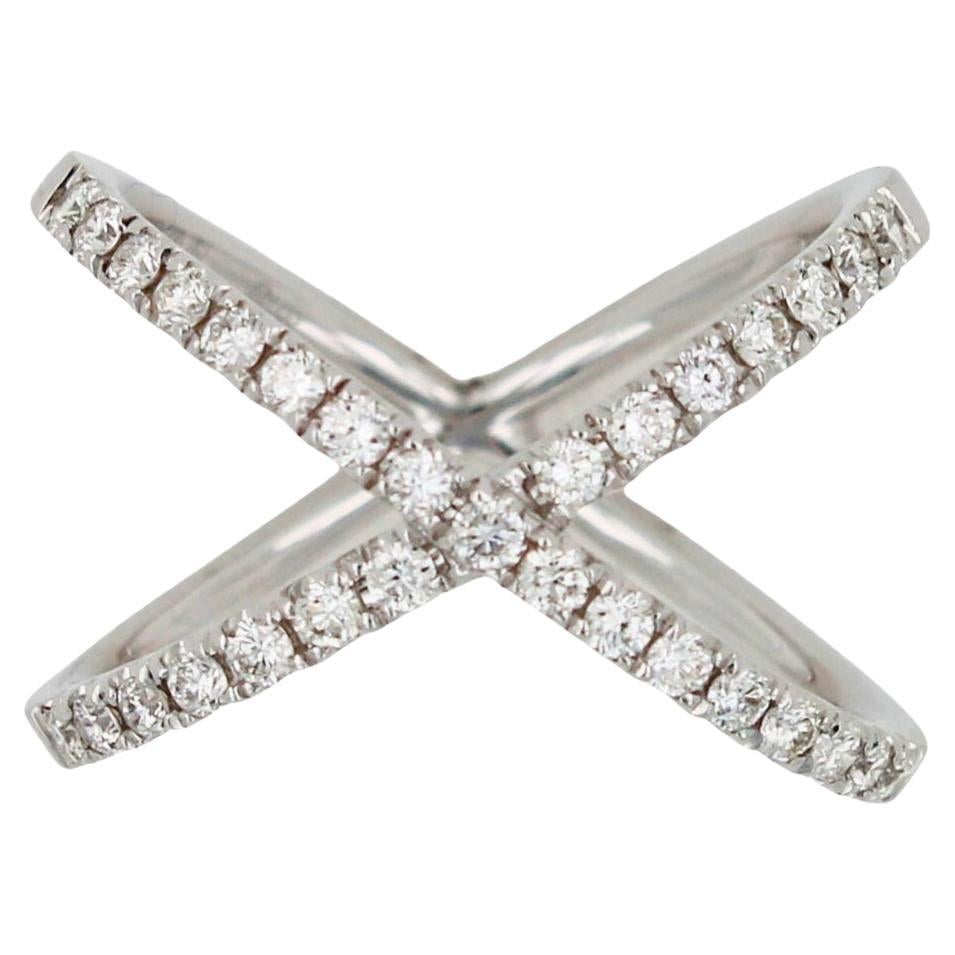 Diamond X Criss Cross Pave Cocktail Fashion Open Bypass 14 Karat White Gold Ring