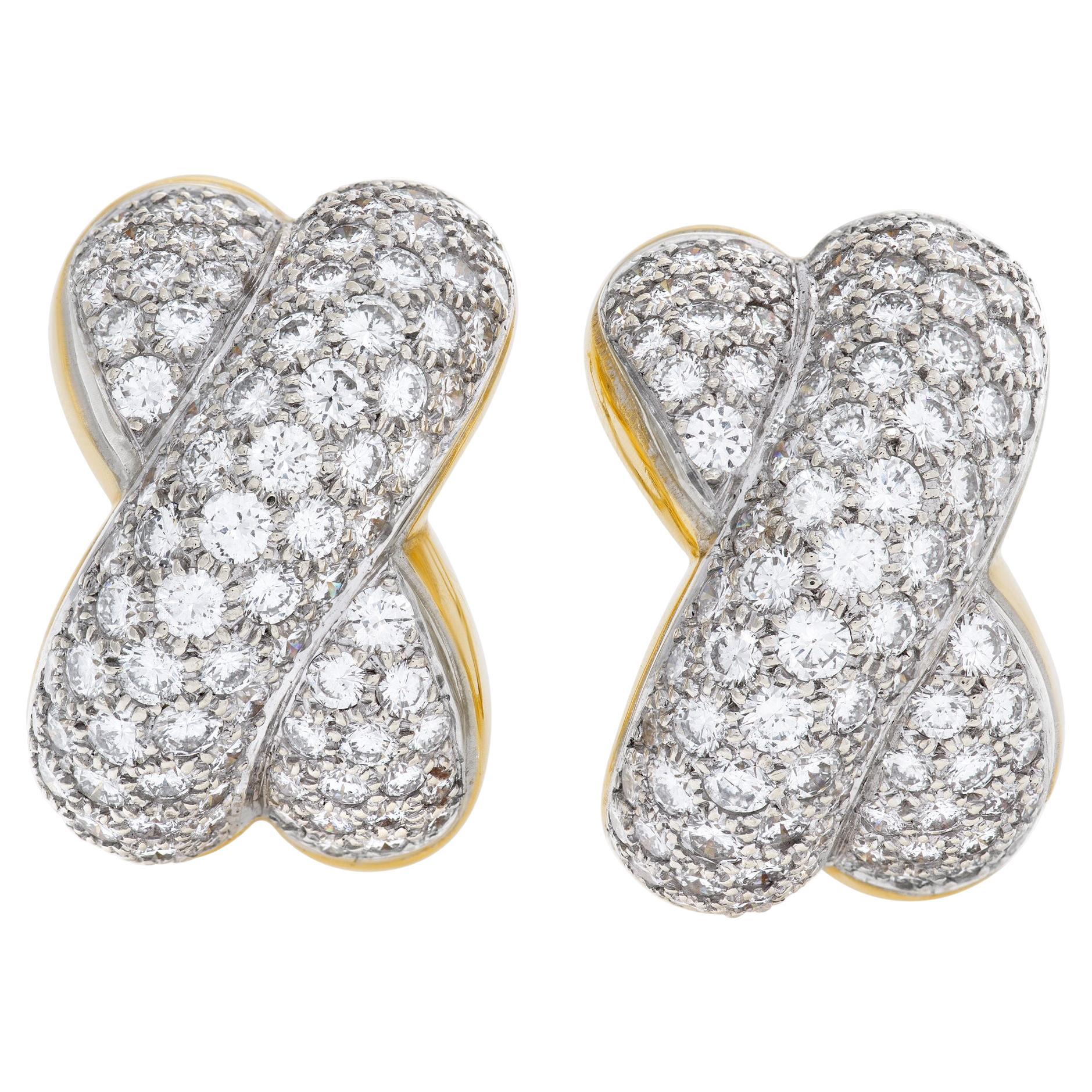 Diamond "X" earrings in 18k white and yellow gold. 8cts (G-H color, VS clarity) For Sale