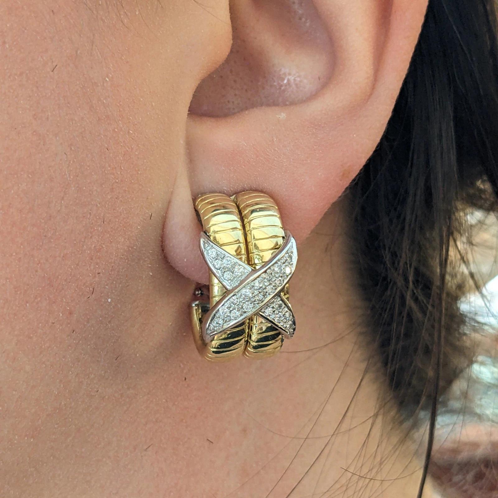 Créoles en or jaune et blanc 18k avec diamants en forme de 