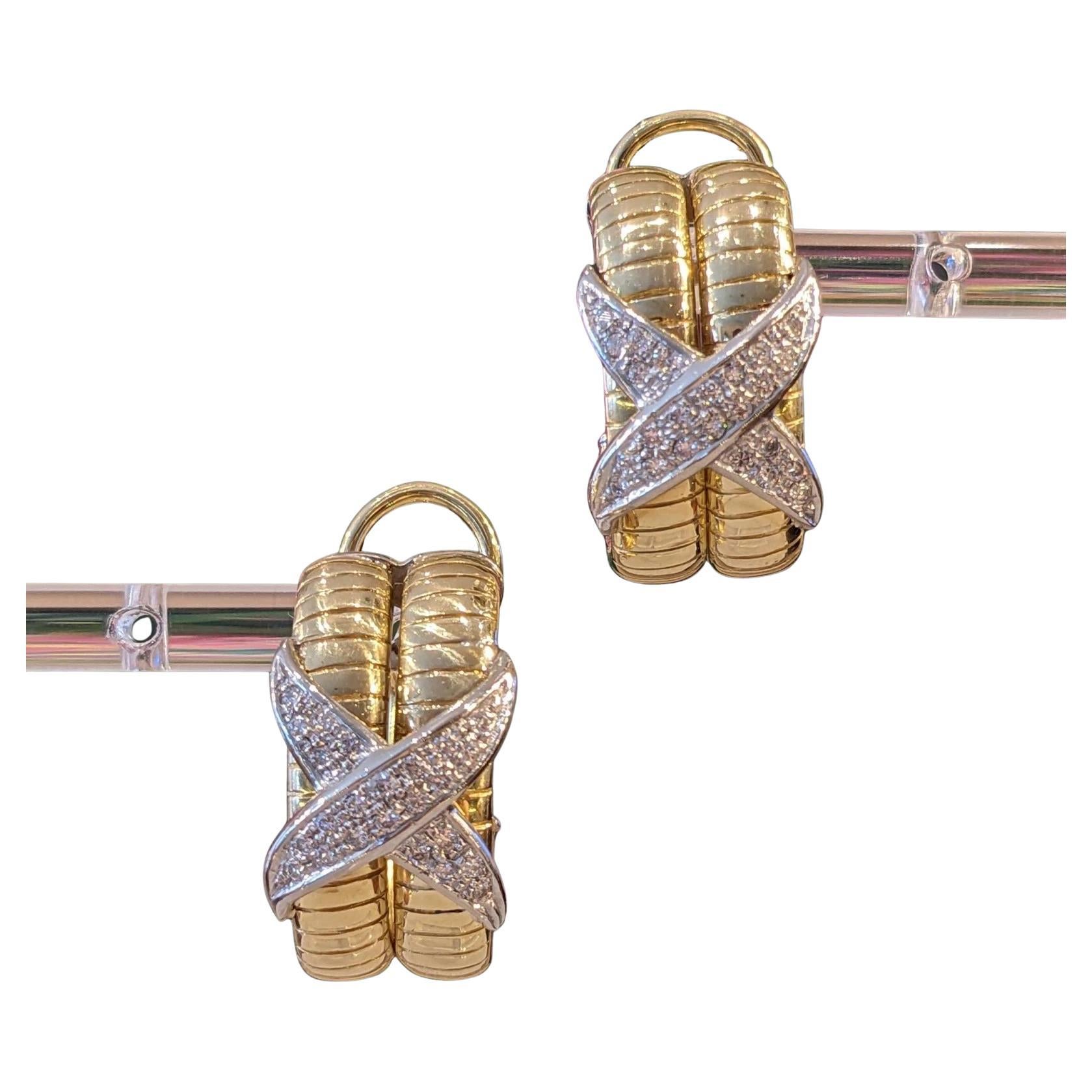 Pendientes de aro X de diamante en oro amarillo y blanco de 18k