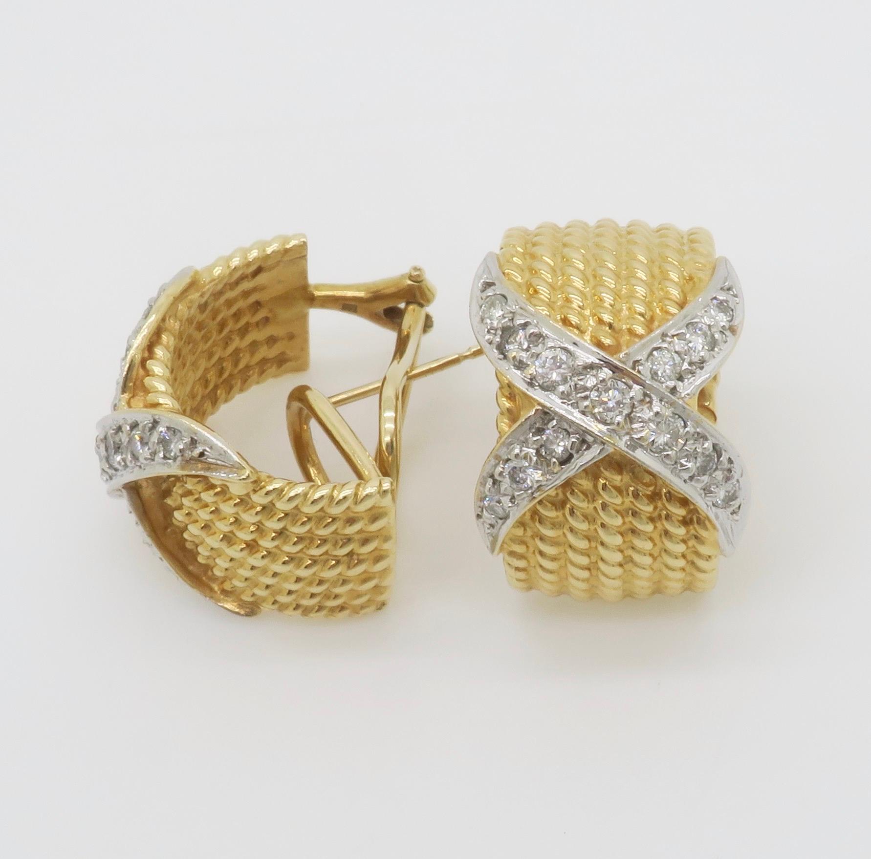 Diamond X Motif Omega Back Earrings in Two-Tone Gold For Sale 5