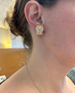 Diamond X Motif Omega Back Earrings in Two-Tone Gold