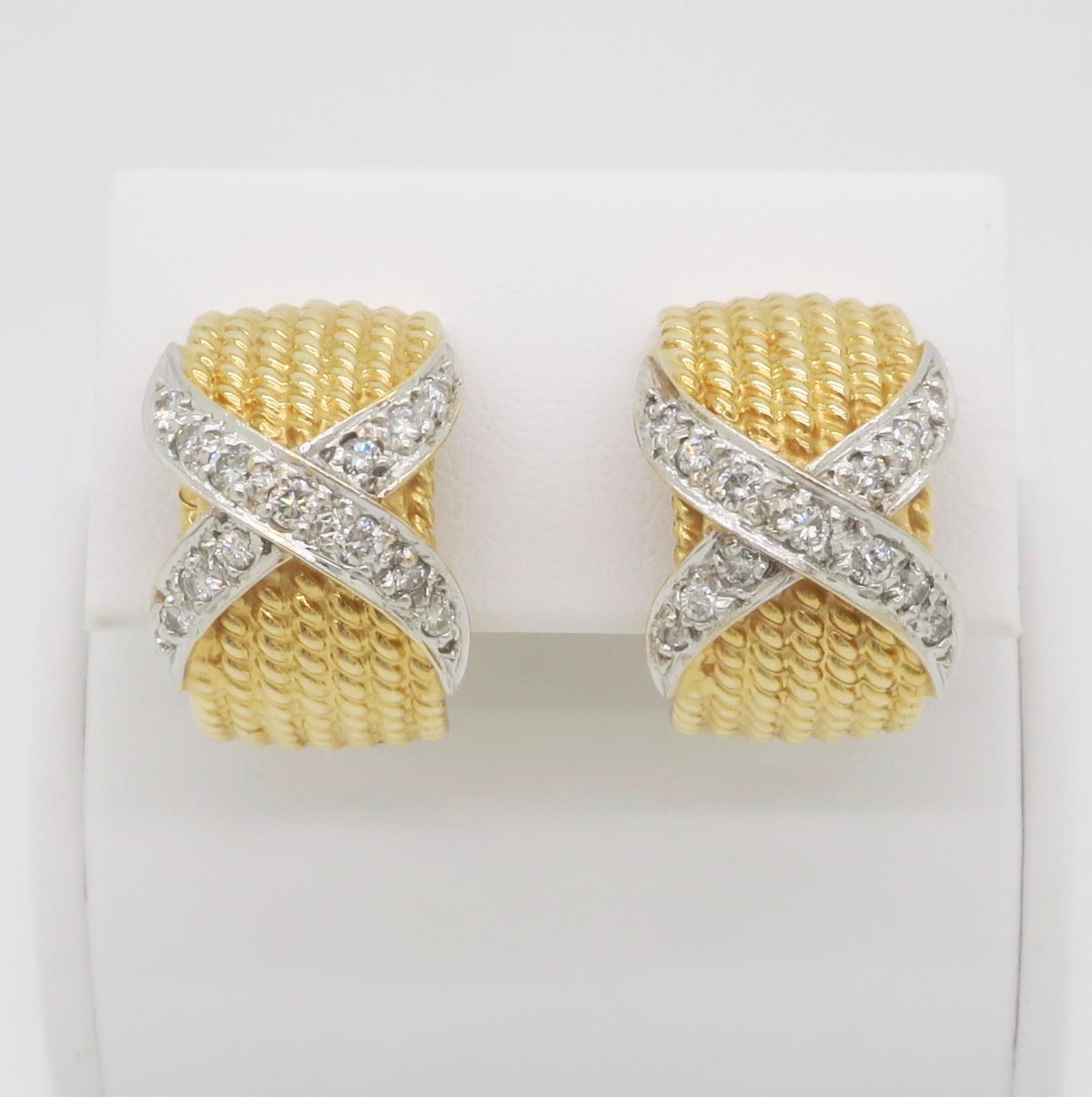 Round Cut Diamond X Motif Omega Back Earrings in Two-Tone Gold For Sale