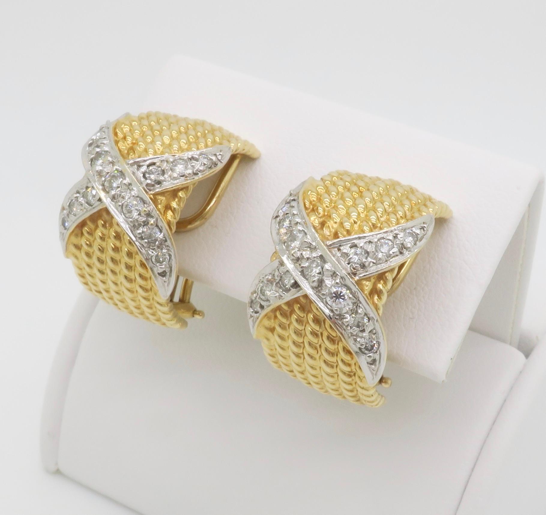 Diamond X Motif Omega Back Earrings in Two-Tone Gold In New Condition For Sale In Webster, NY