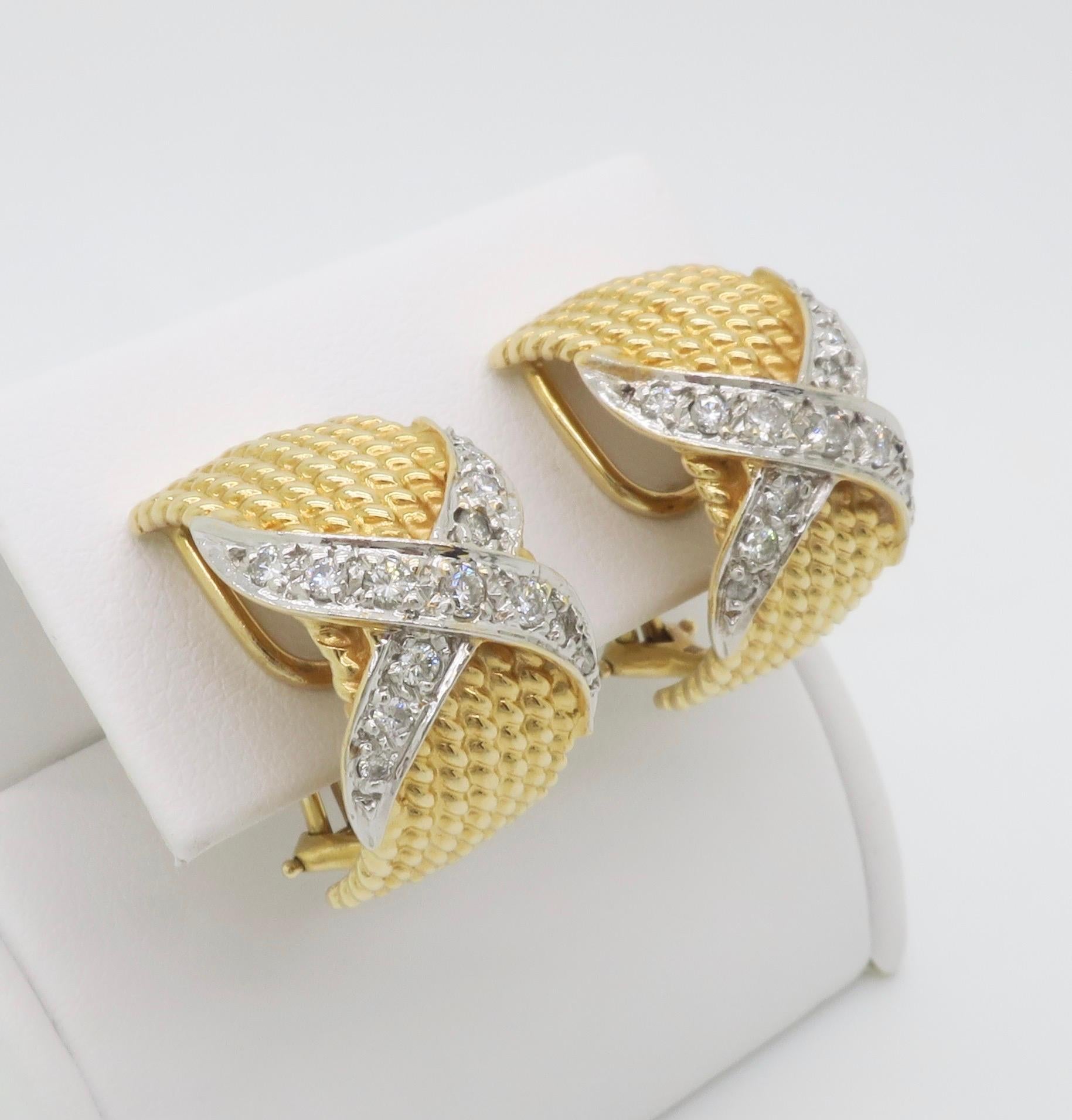 Women's Diamond X Motif Omega Back Earrings in Two-Tone Gold For Sale