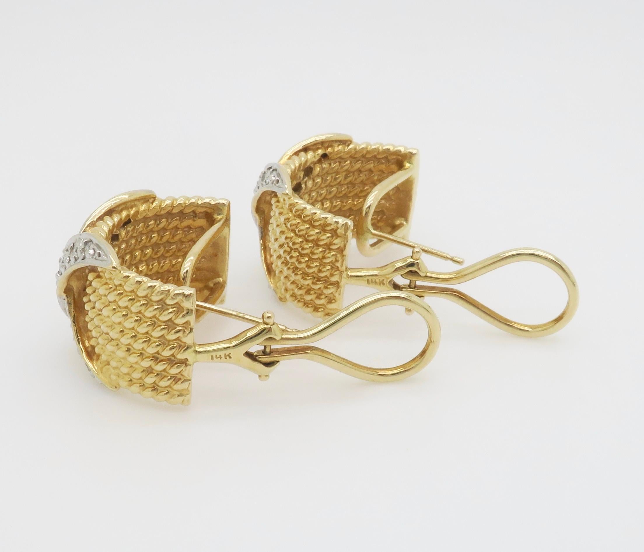 Diamond X Motif Omega Back Earrings in Two-Tone Gold For Sale 1