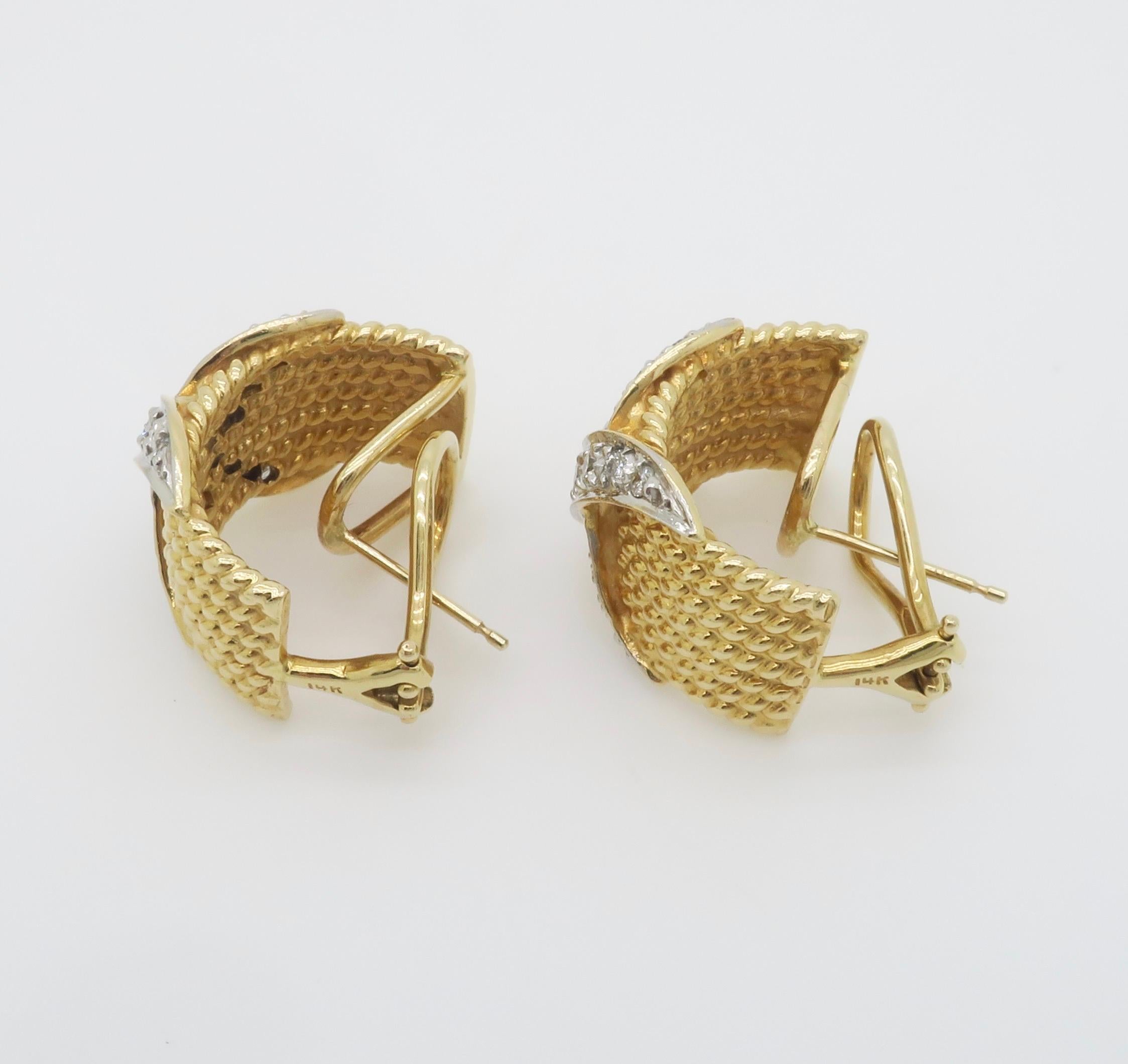 Diamond X Motif Omega Back Earrings in Two-Tone Gold For Sale 2