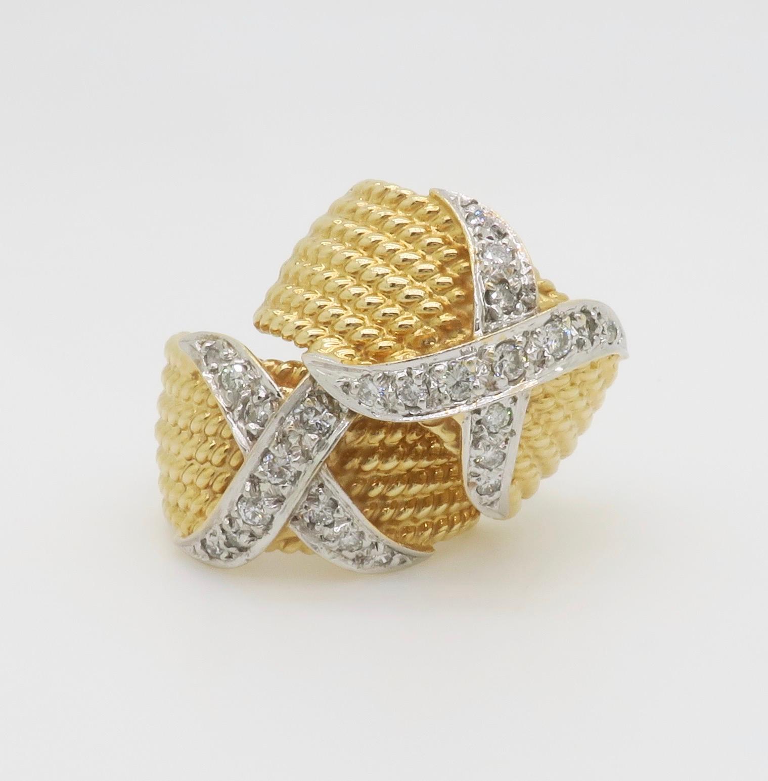 Diamond X Motif Omega Back Earrings in Two-Tone Gold For Sale 3