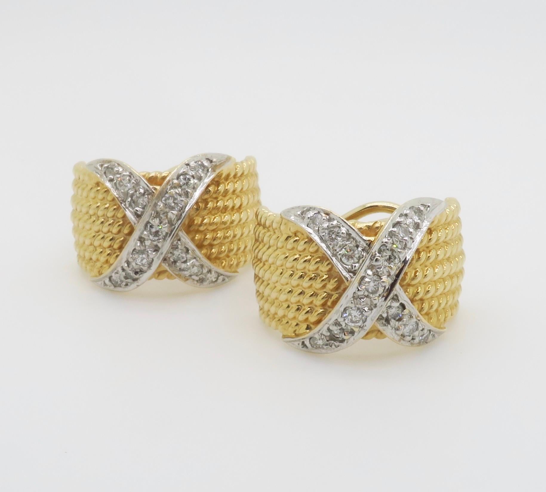 Diamond X Motif Omega Back Earrings in Two-Tone Gold For Sale 4