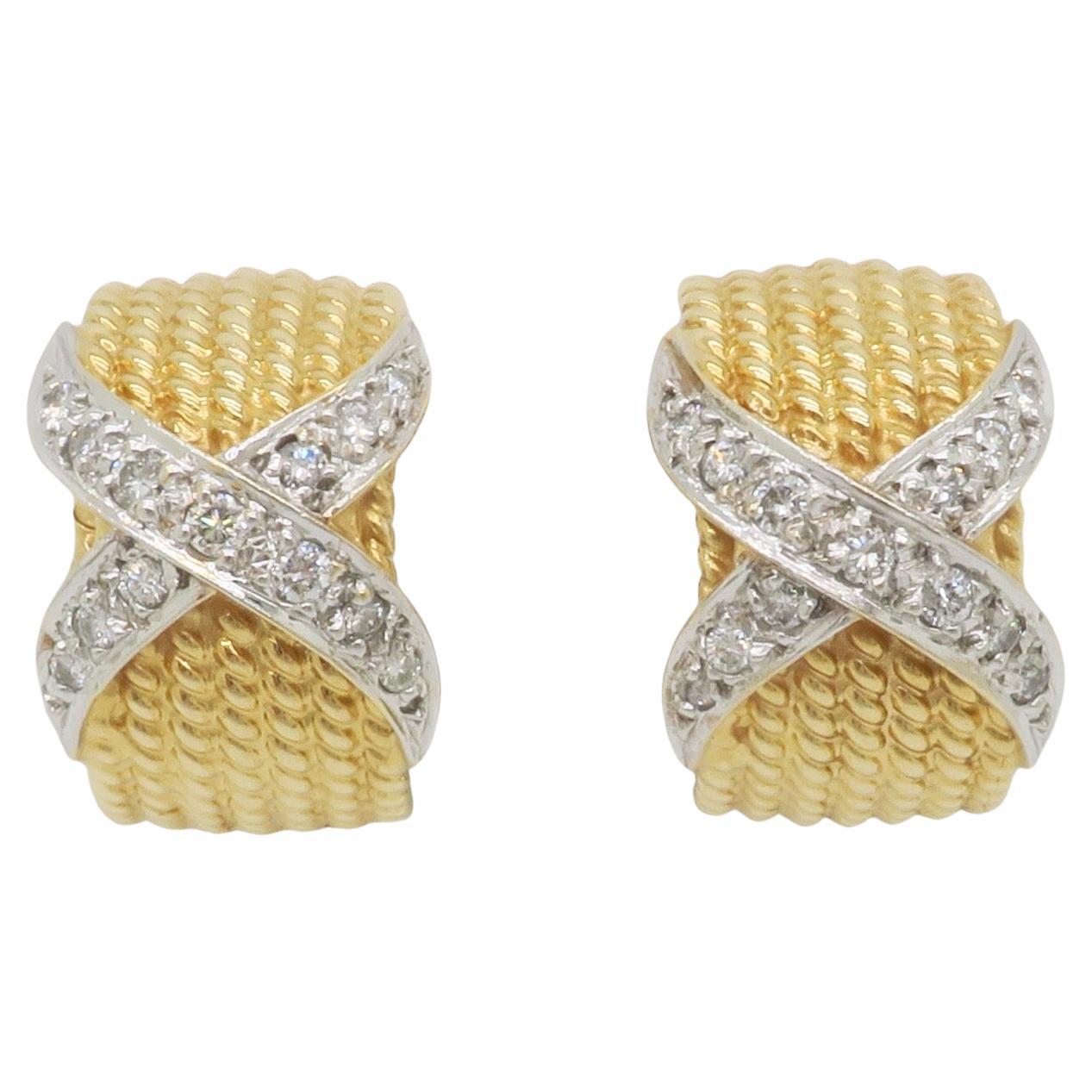 Diamond X Motif Omega Back Earrings in Two-Tone Gold For Sale