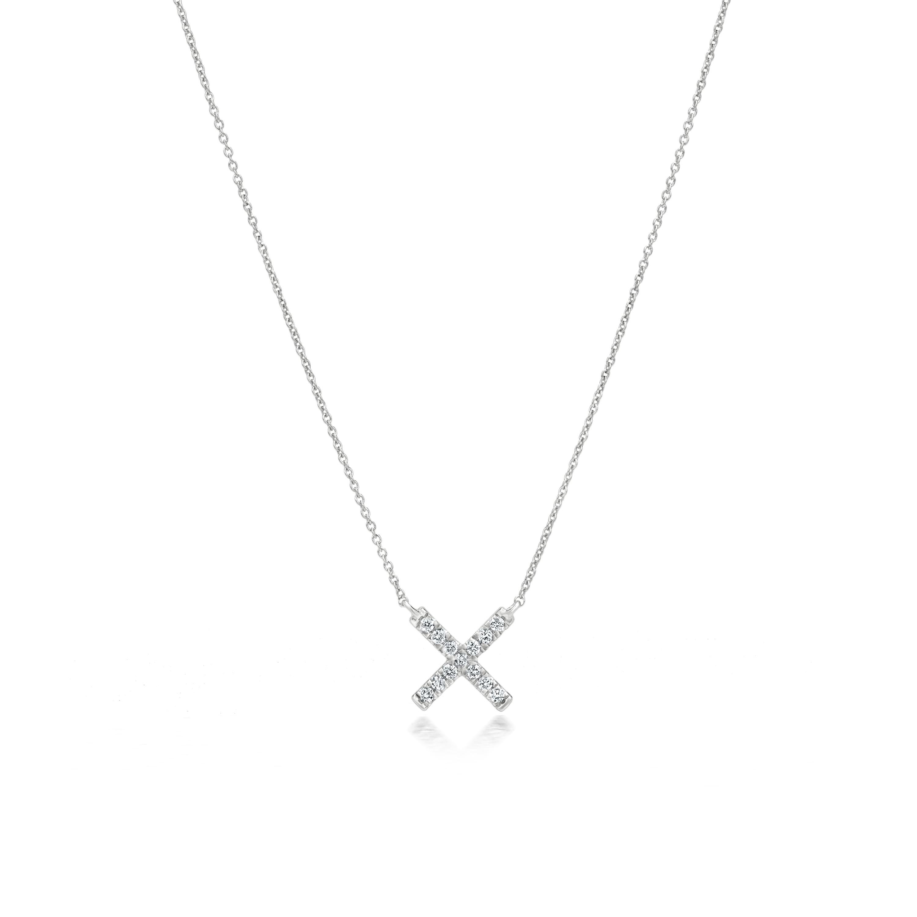 Subtle yet pretty this Luxle X pendant necklace is the new fashion statement.  This necklace is featured with 13 round cut diamonds, totaling 0.12Cts, pave set adorned in an adorable motif of X. The pendant is suspended gracefully from an elegant