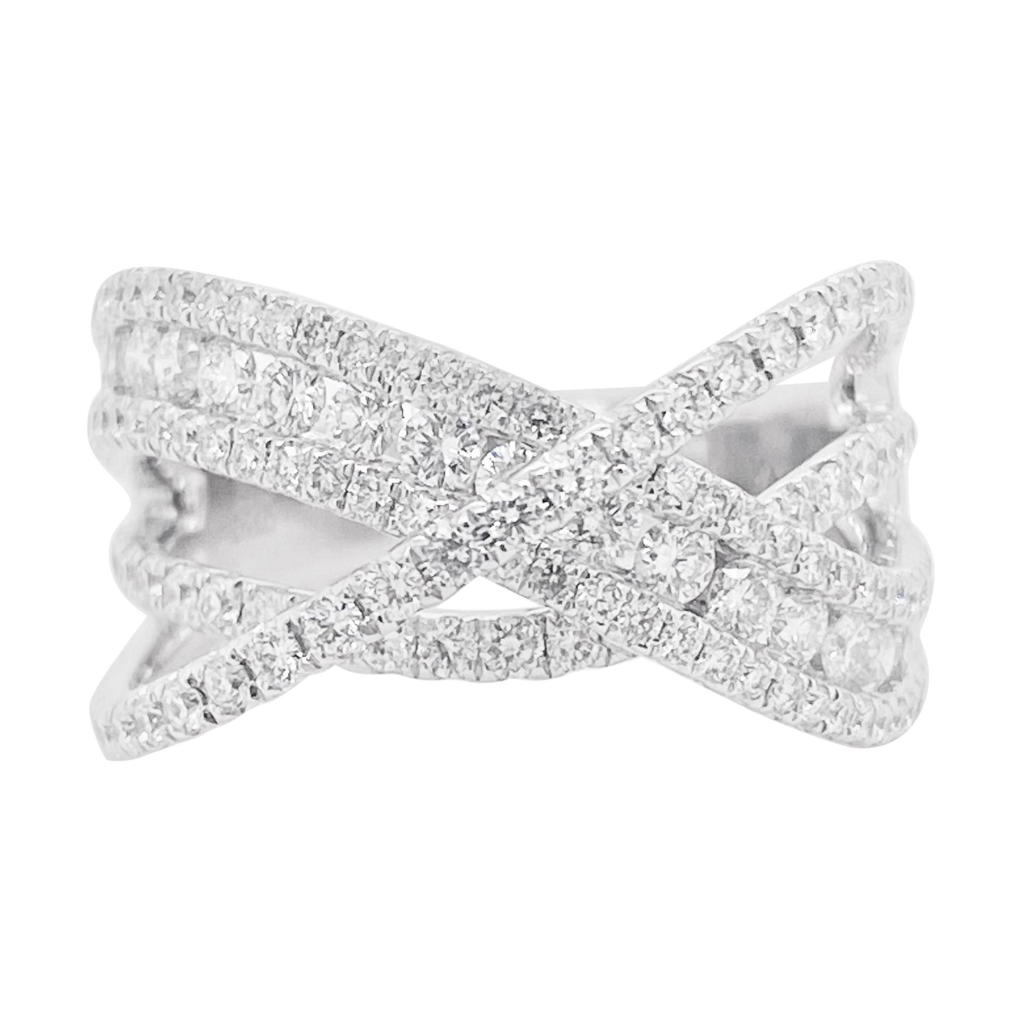 For Sale:  Diamond X Ring 14 Karat White Gold Criss Cross Band, Fashion X Ring, Galaxy Ring