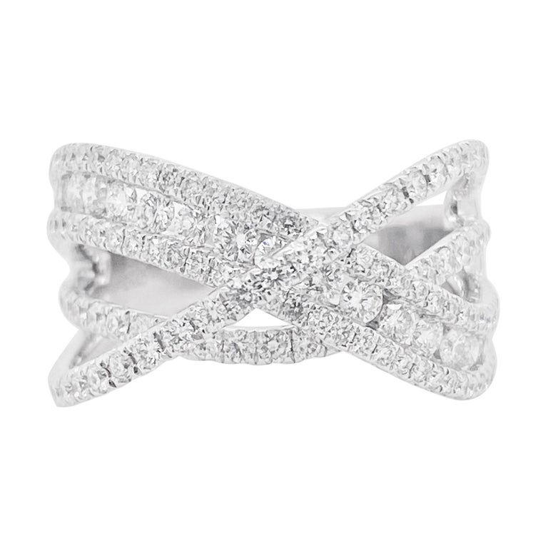 Customizable Diamond X Ring 14 Karat White Gold Criss Cross Band