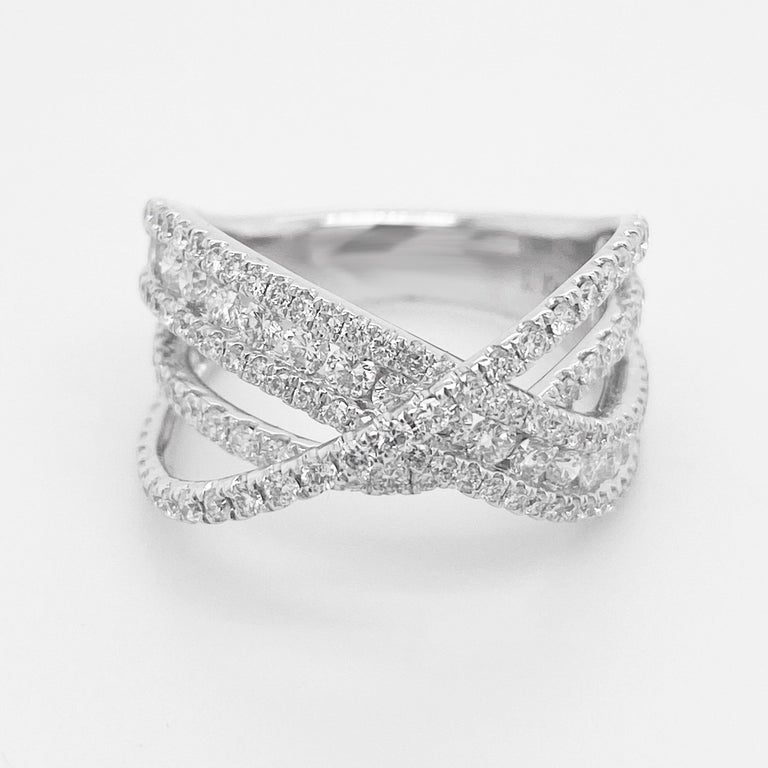 Diamond X Ring 14 Karat White Gold Criss Cross Band, Fashion X Ring, Galaxy Ring For Sale at 1stDibs
