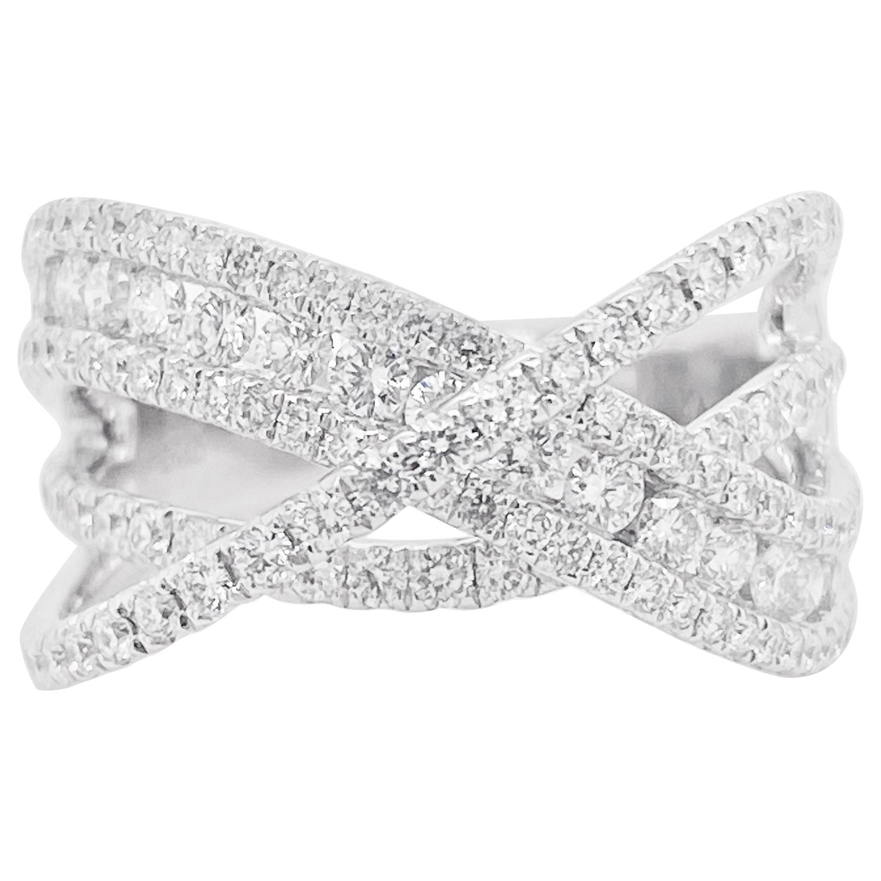 Diamond X Ring 14 Karat White Gold Criss Cross Band, Fashion X Ring, Galaxy Ring For Sale