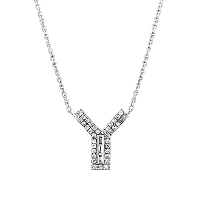 Artisan Diamond Y Initial Baguette Necklace 14K Solid White Gold, Letter Pendants Chain For Sale