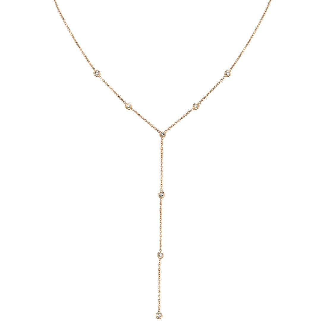 Round Cut 14k Rose Gold Diamond Y Necklace For Sale