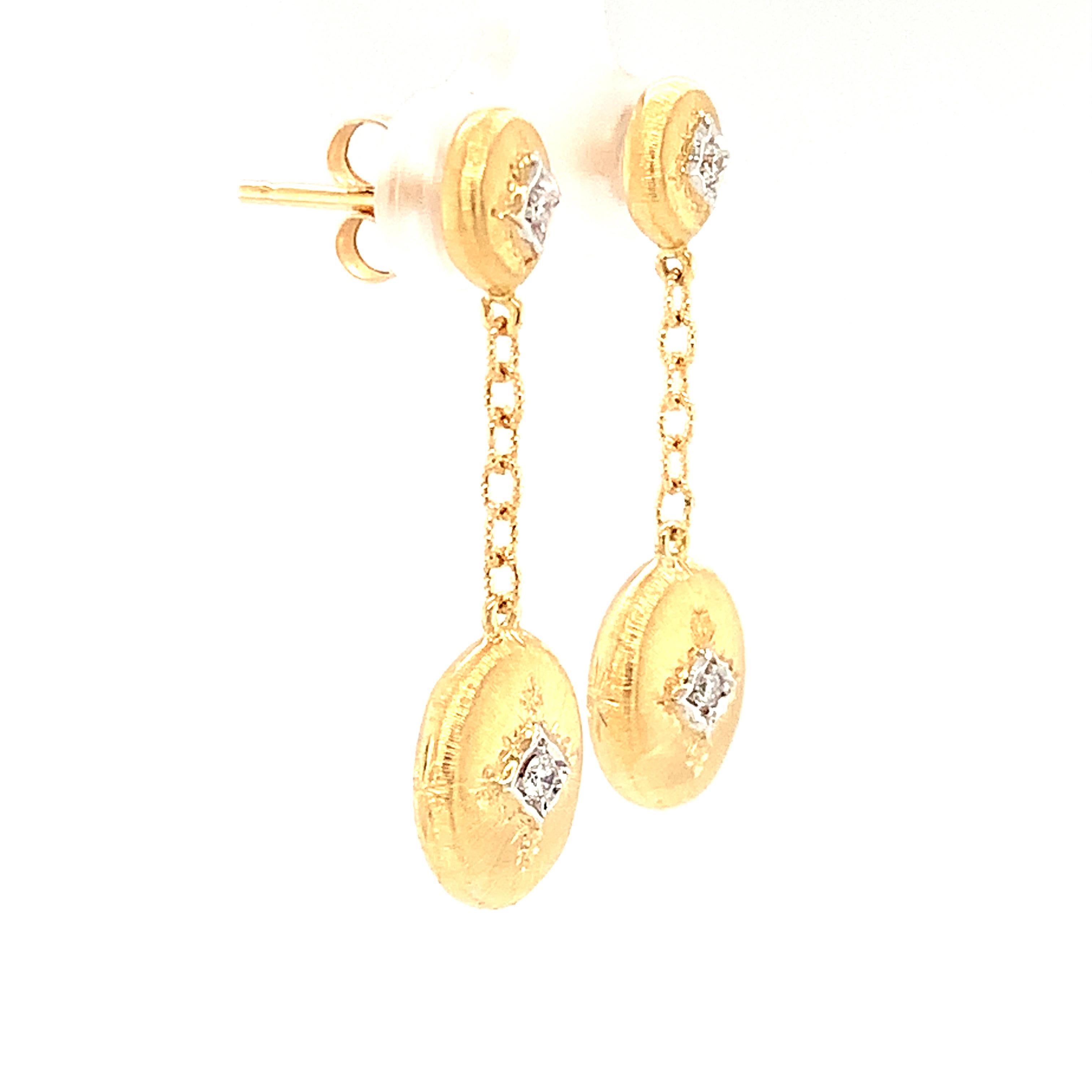 Brilliant Cut Diamond, Yellow and White Gold Florentine Style Dangle Drop Earrings