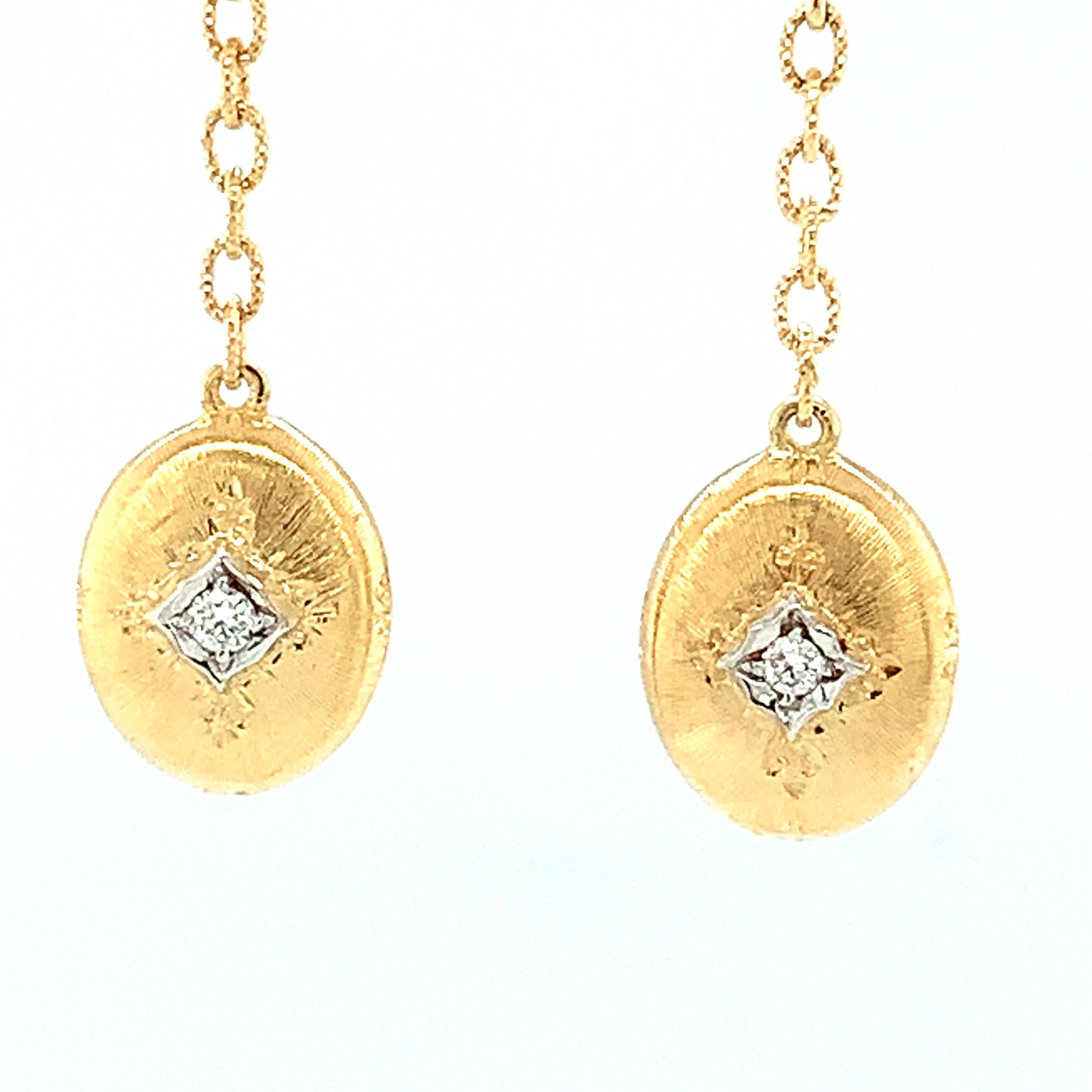 Diamond, Yellow and White Gold Florentine Style Dangle Drop Earrings 1