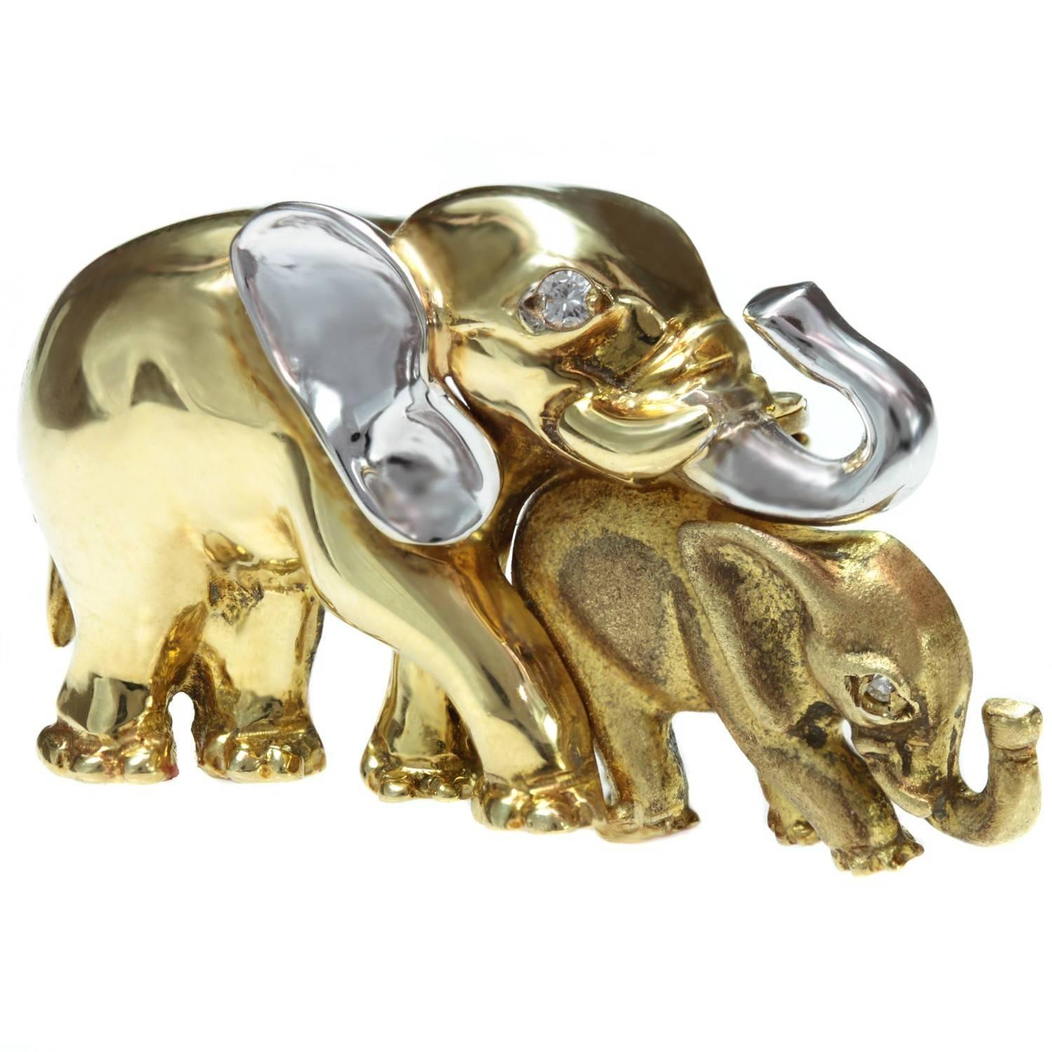 Diamond Yellow and White Gold Mother and Cub Elephants Brooch For Sale