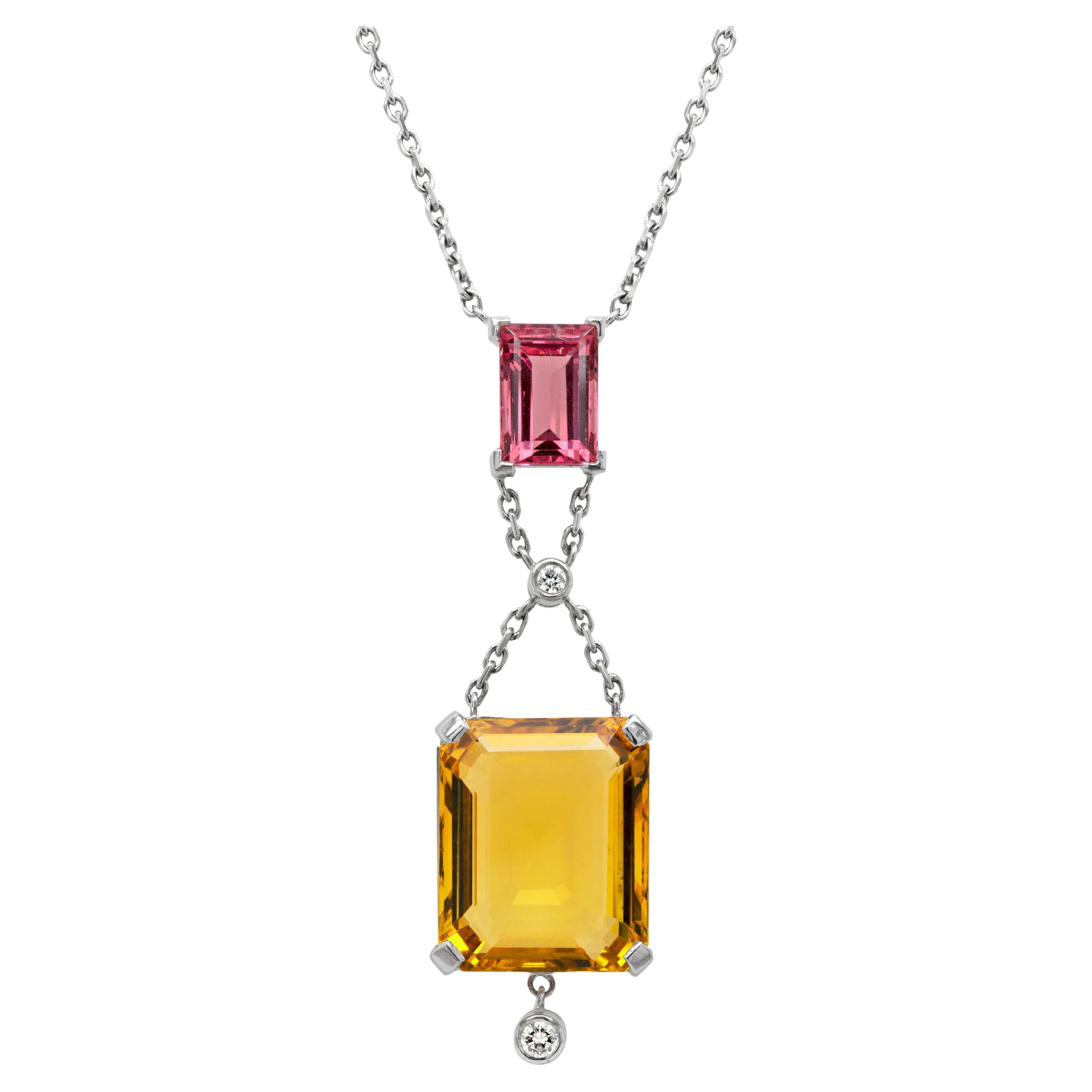 Collier pendentif en or blanc 18 carats, diamants, béryl jaune et spinelle rose