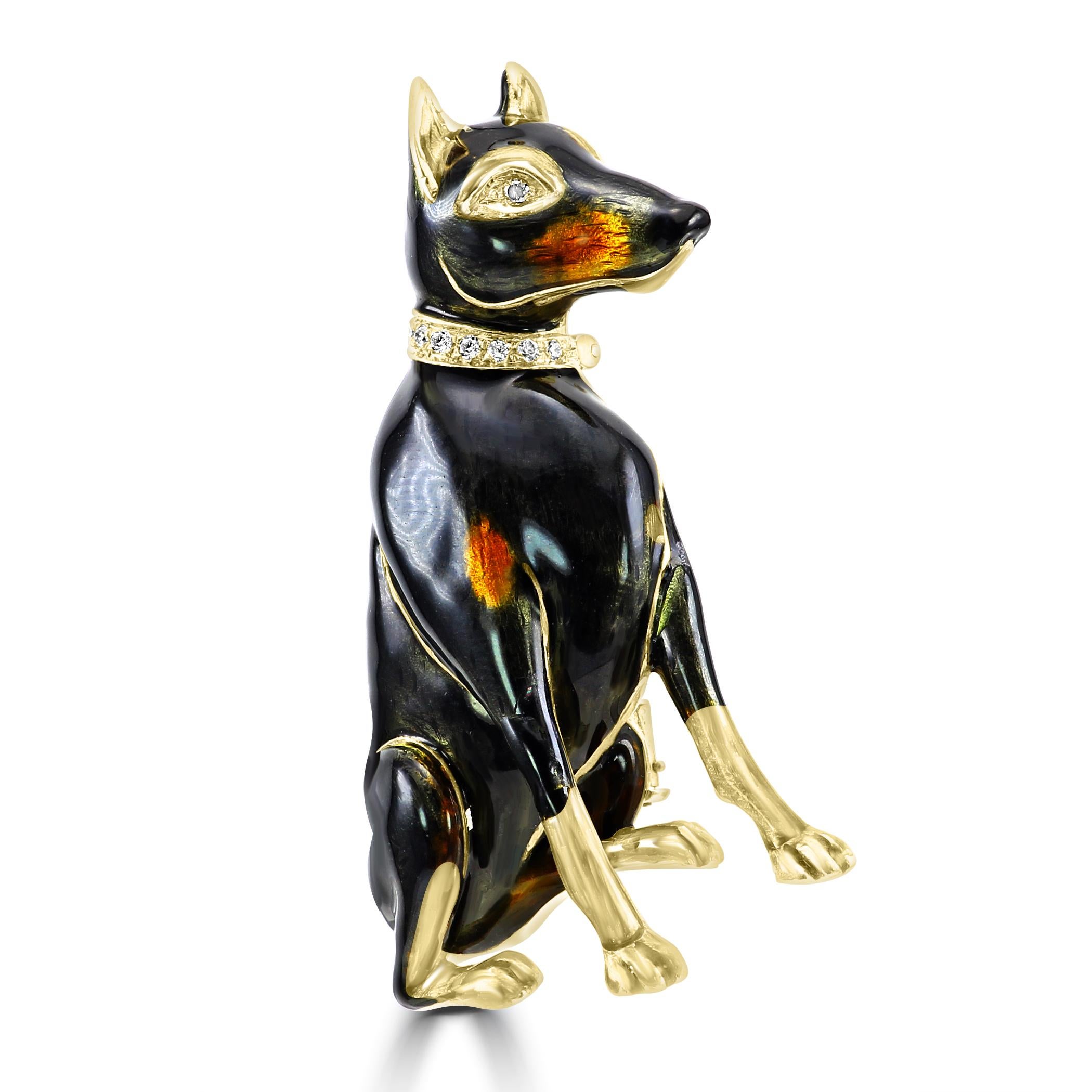For all animal, dog, and nature lovers, here's our charming & unique Enamel, & Diamond Doberman brooch/pendant. 

This pendant/brooch features the Doberman's  body adorned with brown & black enamel for the body and head. This piece was fully hand