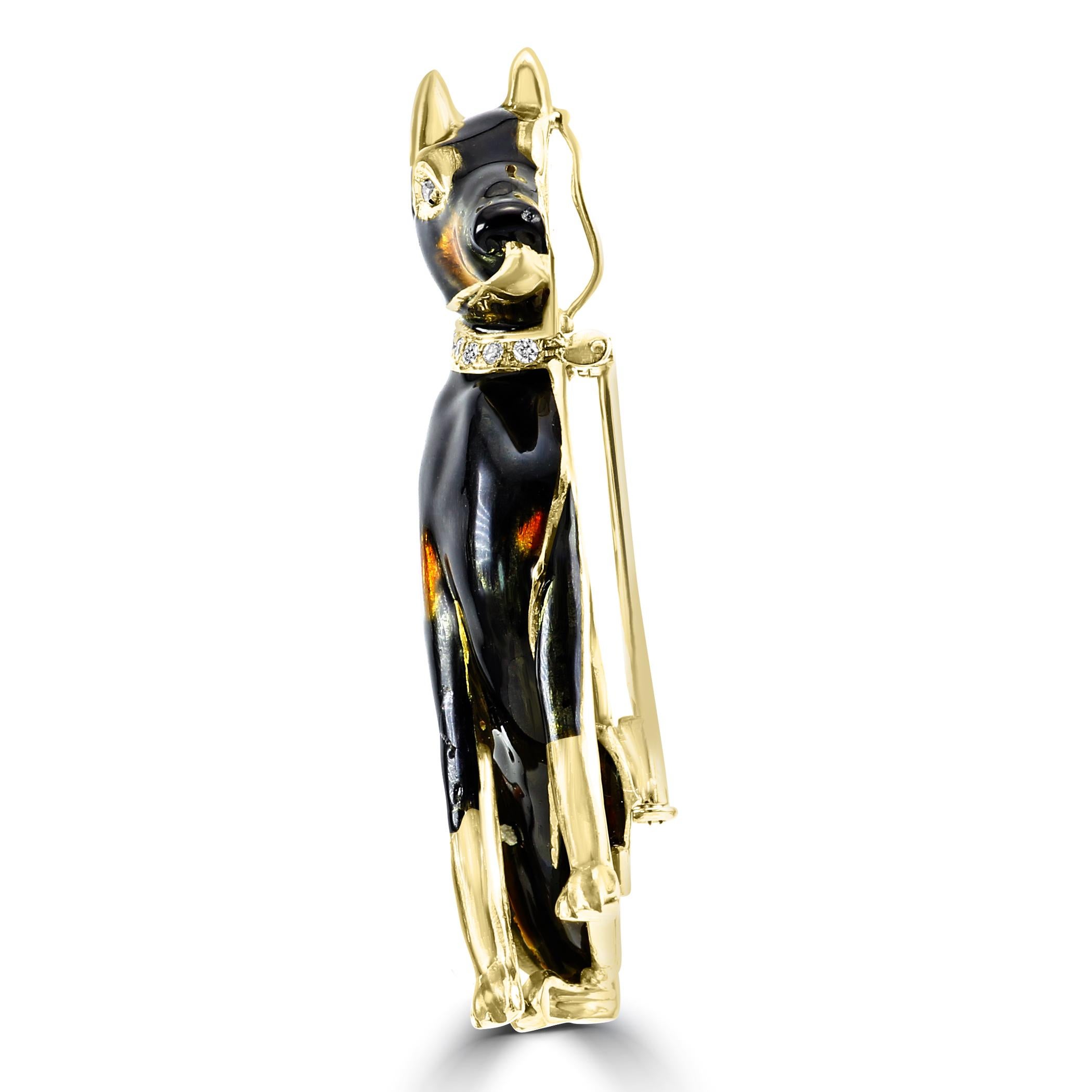 Art Deco Diamond & Yellow/Brown Enamel 18 Karat Yellow Gold Doberman Luxury Brooch For Sale