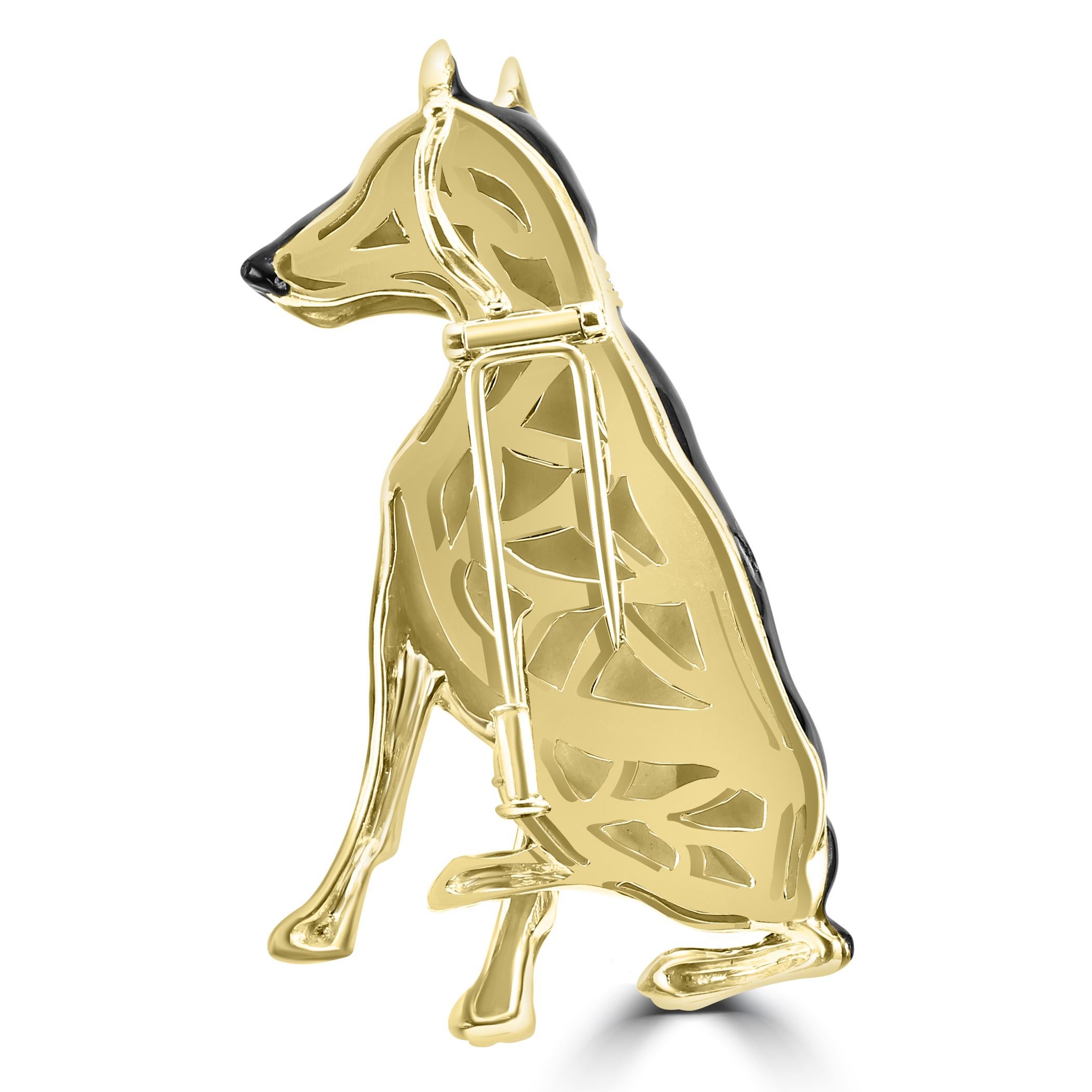 Round Cut Diamond & Yellow/Brown Enamel 18 Karat Yellow Gold Doberman Luxury Brooch For Sale