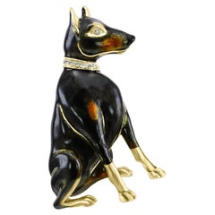 Diamond & Yellow/Brown Enamel 18 Karat Yellow Gold Doberman Luxury Brooch