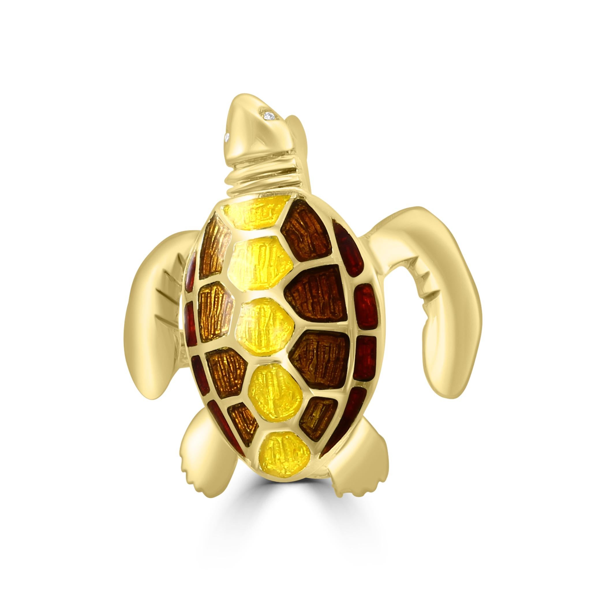 For all animal, and nature lovers, here's our charming & unique Enamel, & Diamond turtle brooch. 

This brooch features the turtles body adorned with brown & yellow enamel for the shell and is hand done in Italy.

For the eyes, this turtle has 2